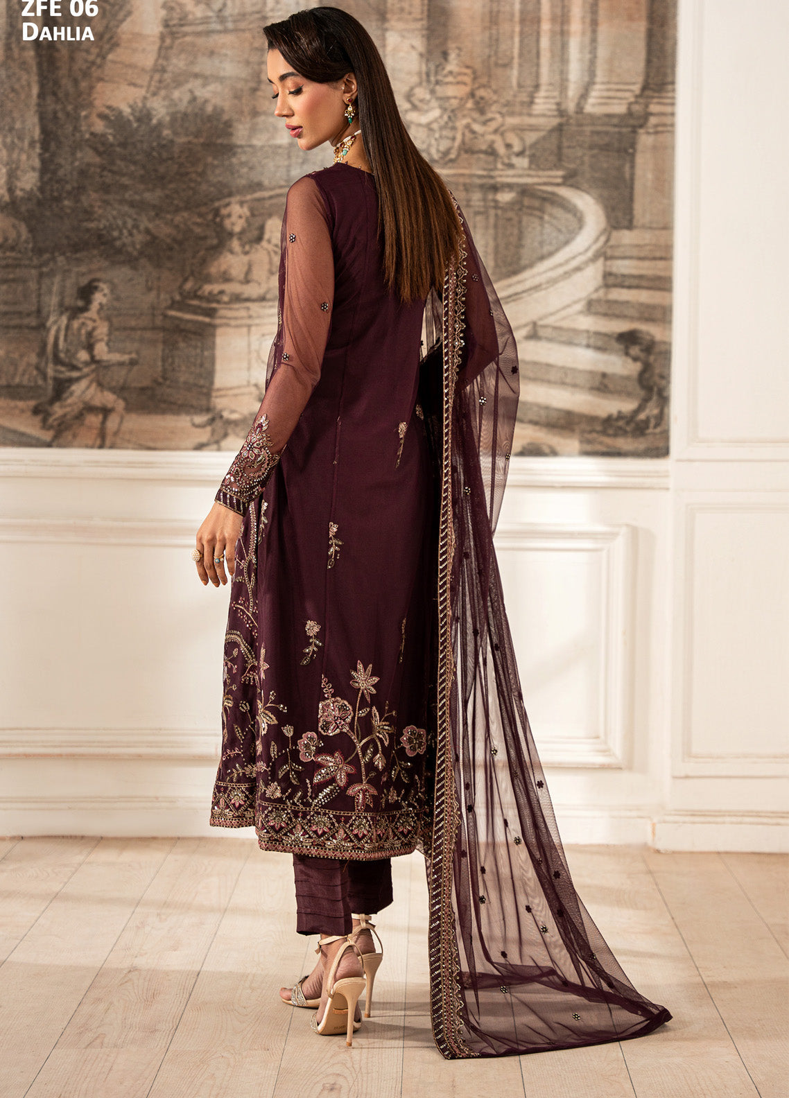 Zarif Embroidered Net 3 Piece Unstitched Suit ZF24FE ZFE-06 DAHLIA Zarif Embroidered Net 3 Piece Unstitched Suit ZF24FE ZFE-06 DAHLIA