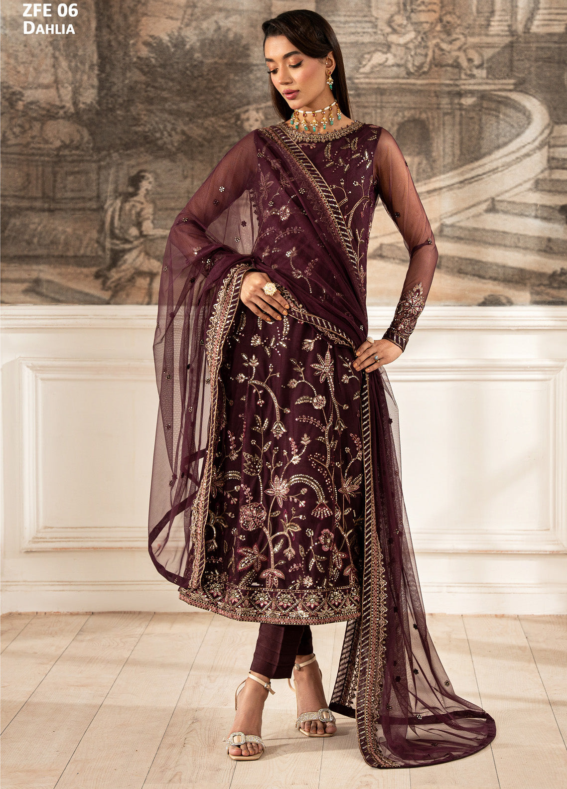 Zarif Embroidered Net 3 Piece Unstitched Suit ZF24FE ZFE-06 DAHLIA Zarif Embroidered Net 3 Piece Unstitched Suit ZF24FE ZFE-06 DAHLIA