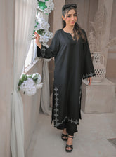Zauk Embroidered Raw Silk 2 Piece Stitched Suit ZK24RTW D-SMOKY BLACK