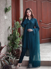 Zauk Printed Cotton Silk 3 Piece Stitched Suit ZK24RTW D-TEAL BLUE