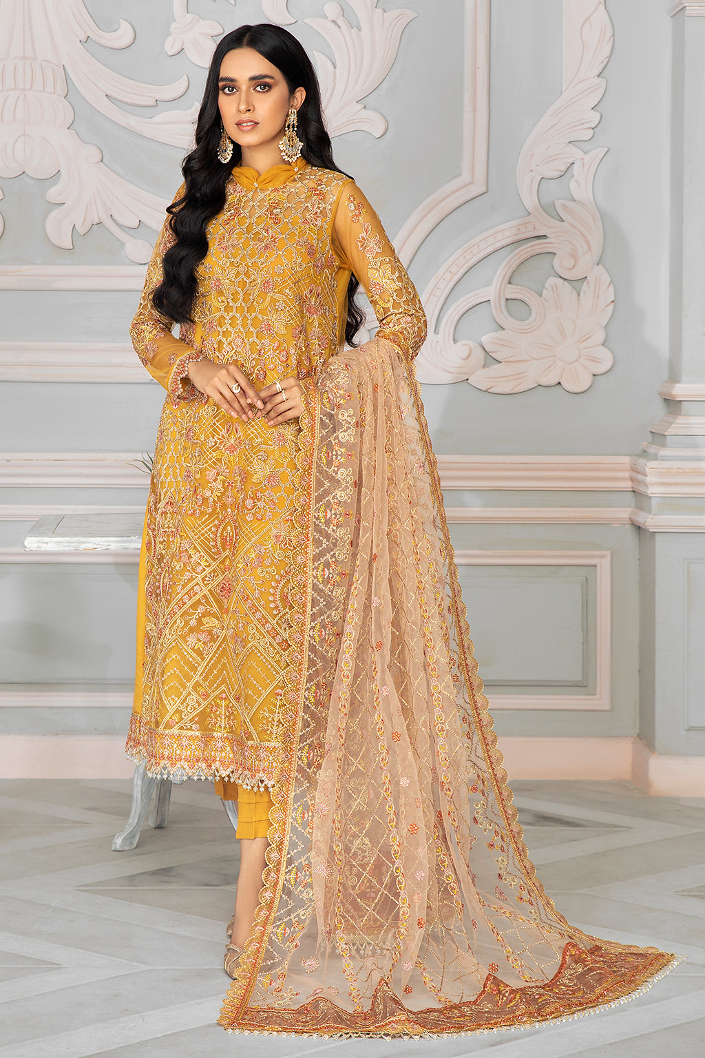 Bahaar by Zarif Embroidered Net Unstitched 3 Piece Suit - ZB 03 GOLDIER Bahaar by Zarif Embroidered Net Unstitched 3 Piece Suit - ZB 03 GOLDIER