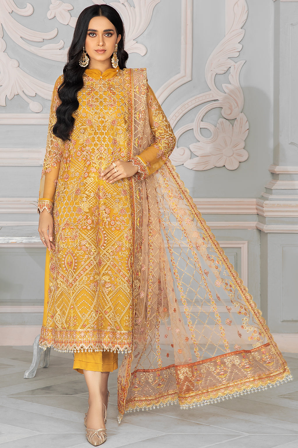 Bahaar by Zarif Embroidered Net Unstitched 3 Piece Suit - ZB 03 GOLDIER Bahaar by Zarif Embroidered Net Unstitched 3 Piece Suit - ZB 03 GOLDIER