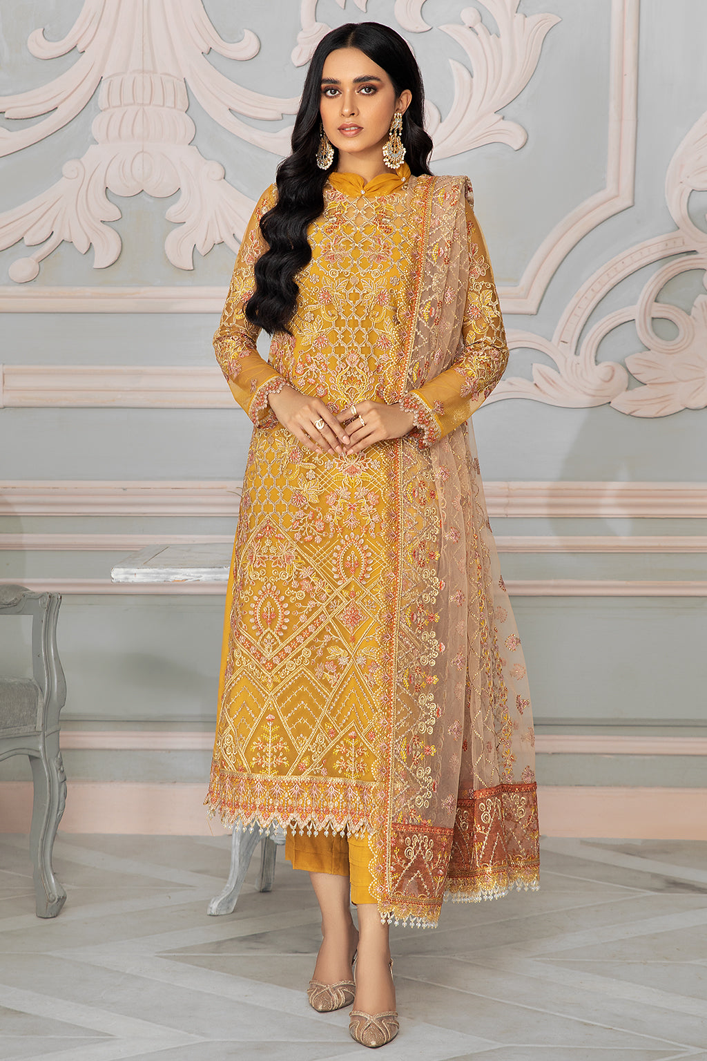 Bahaar by Zarif Embroidered Net Unstitched 3 Piece Suit - ZB 03 GOLDIER Bahaar by Zarif Embroidered Net Unstitched 3 Piece Suit - ZB 03 GOLDIER