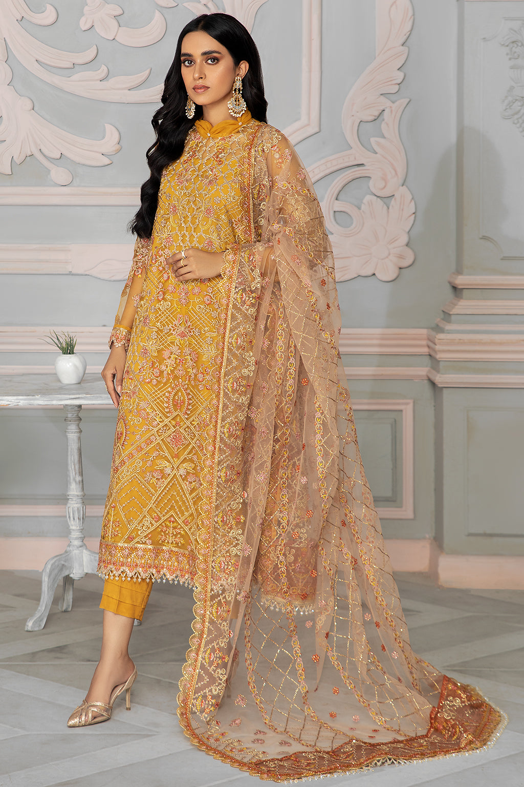 Bahaar by Zarif Embroidered Net Unstitched 3 Piece Suit - ZB 03 GOLDIER Bahaar by Zarif Embroidered Net Unstitched 3 Piece Suit - ZB 03 GOLDIER