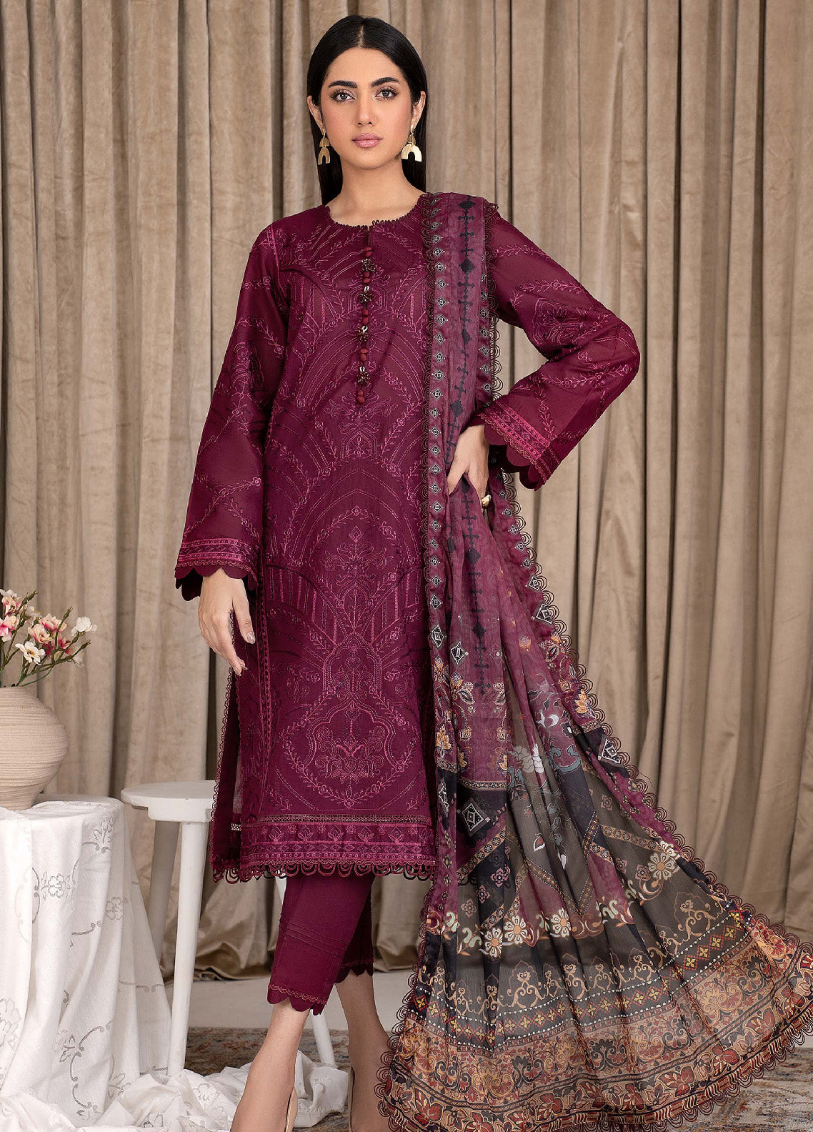 Eid Edition by Zarif Embroidered Lawn 3 Piece Unstitched Suit ZF23L ZEL-01 ROSE WOOD Eid Edition by Zarif Embroidered Lawn 3 Piece Unstitched Suit ZF23L ZEL-01 ROSE WOOD