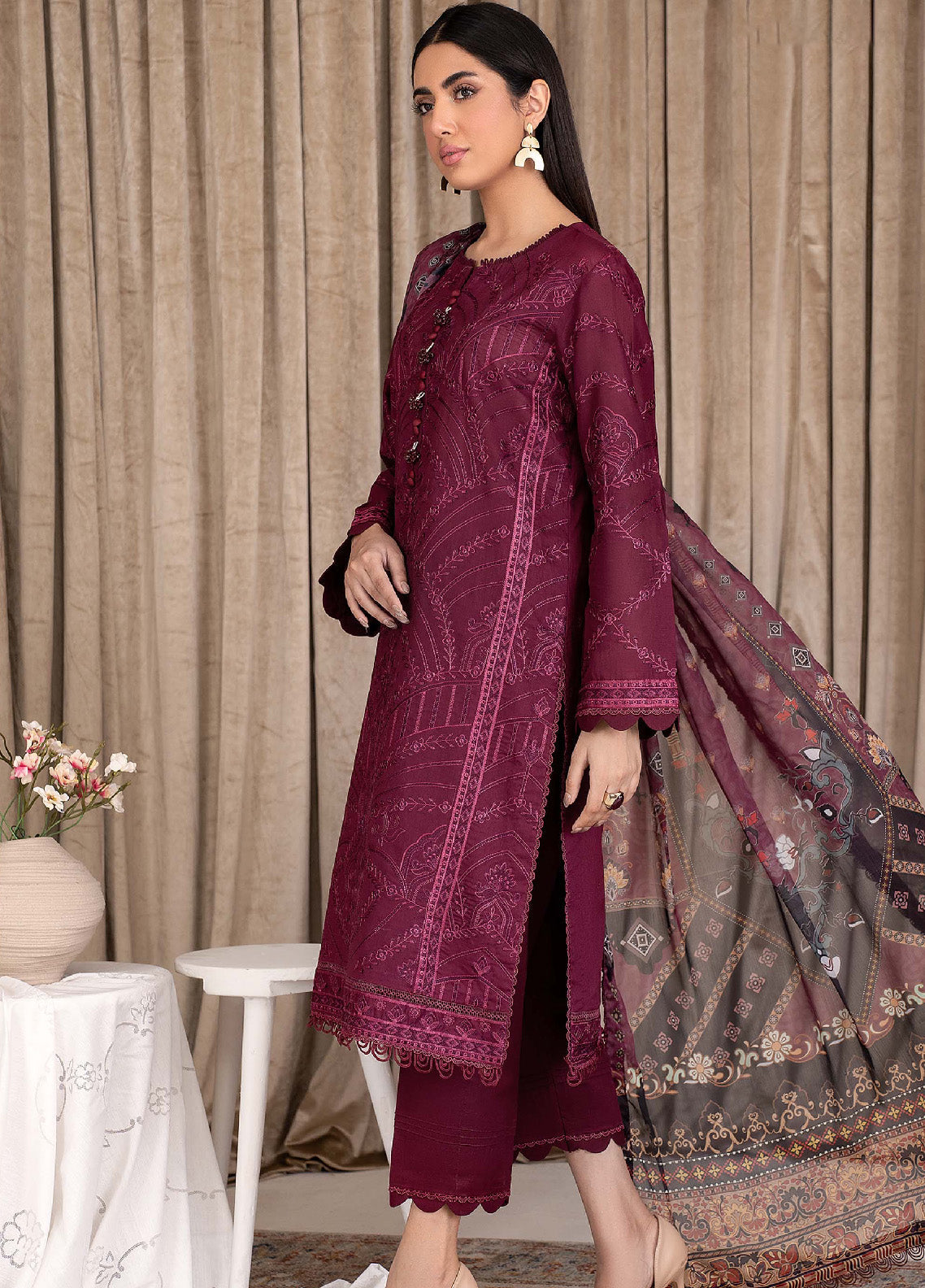 Eid Edition by Zarif Embroidered Lawn 3 Piece Unstitched Suit ZF23L ZEL-01 ROSE WOOD Eid Edition by Zarif Embroidered Lawn 3 Piece Unstitched Suit ZF23L ZEL-01 ROSE WOOD
