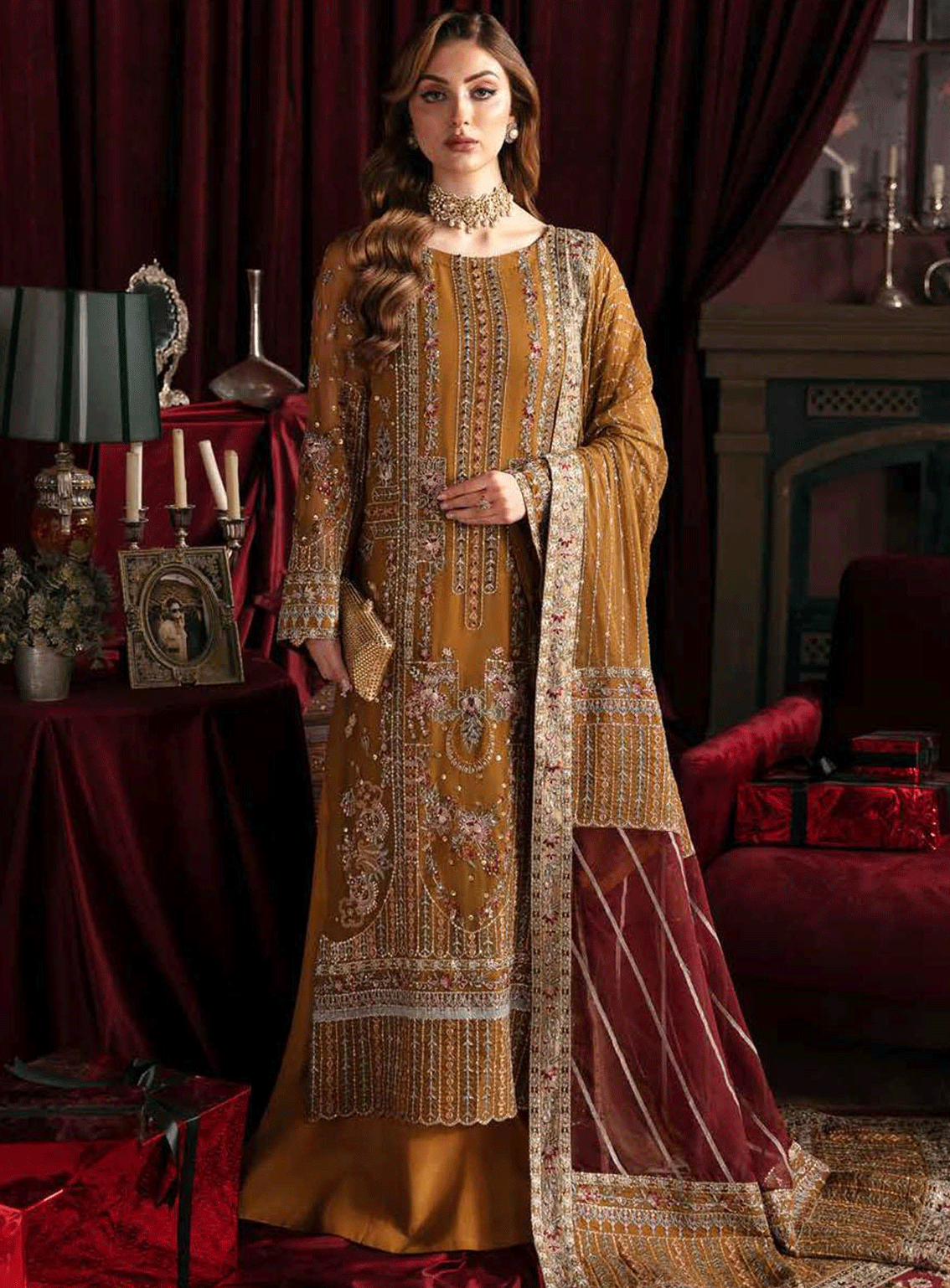 Elanora By Nureh Embroidered Chiffon Unstitched 4 Piece Suit - NU23EL NEL-37 CRIMSON Elanora By Nureh Embroidered Chiffon Unstitched 4 Piece Suit - NU23EL NEL-37 CRIMSON