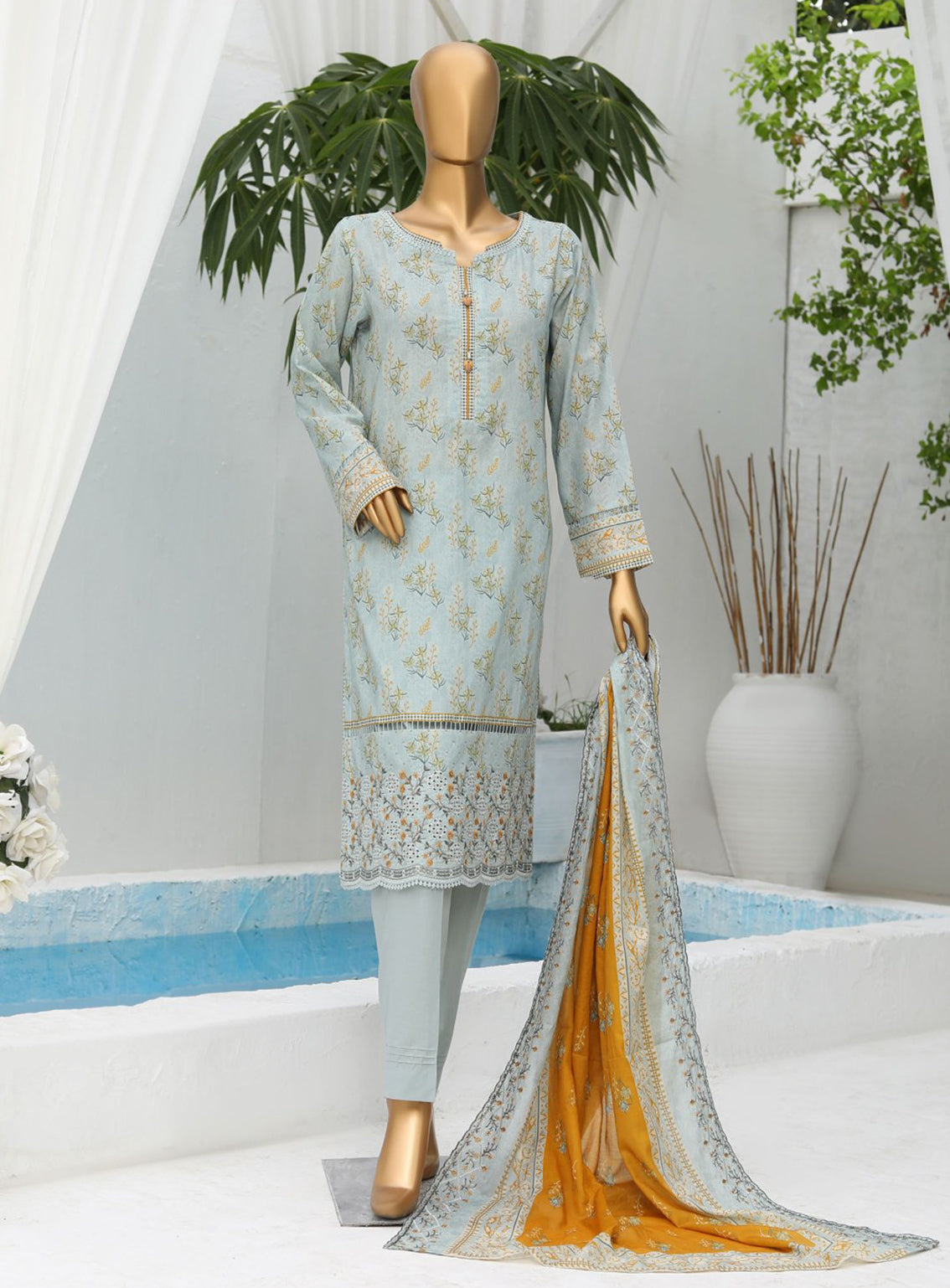 Intermix by HZ Textile Embroidered Cambric Stitched 3 Piece - CPE-127 ZINC - HZ25I - Blue - Winter Collection main image 1