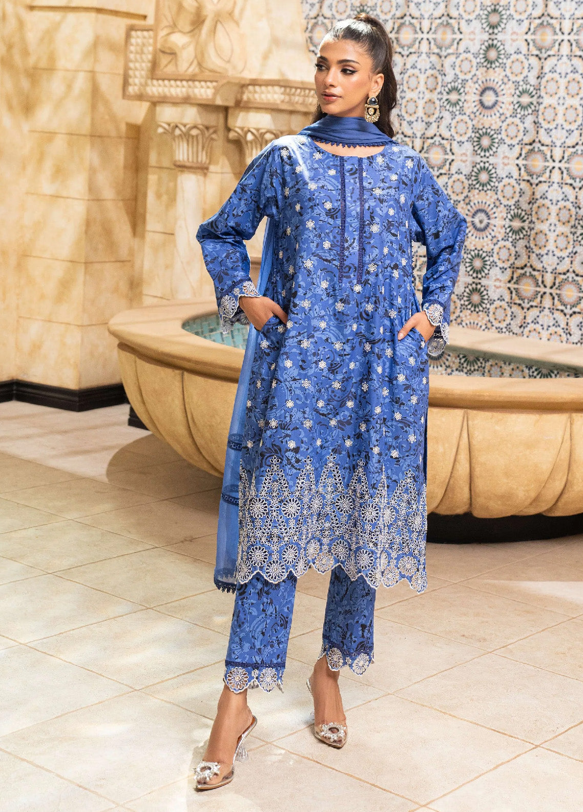 Marjaan By Addee Embroidered Lawn Stitched 3 Piece Suit - AD24MPL SM-023 NEELI Marjaan By Addee Embroidered Lawn Stitched 3 Piece Suit - AD24MPL SM-023 NEELI