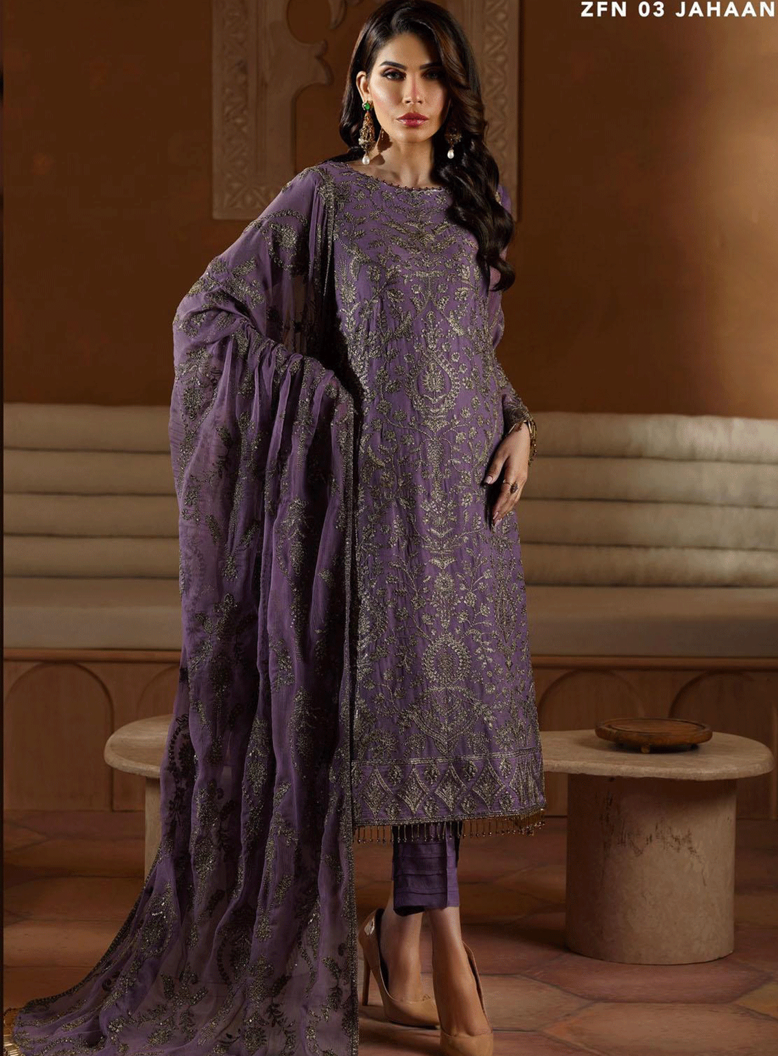 Nauroz By Zarif Embroidered Chiffon Unstitched 3 Piece Suit - ZF23N ZFN-03 JAHAAN Nauroz By Zarif Embroidered Chiffon Unstitched 3 Piece Suit - ZF23N ZFN-03 JAHAAN