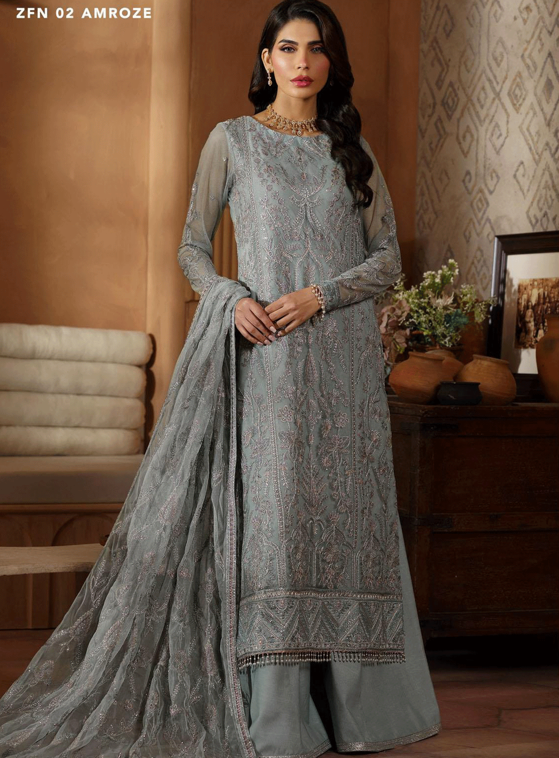 Nauroz By Zarif Embroidered Net Unstitched 3 Piece Suit - ZF23N ZFN-02 AMROZE Nauroz By Zarif Embroidered Net Unstitched 3 Piece Suit - ZF23N ZFN-02 AMROZE
