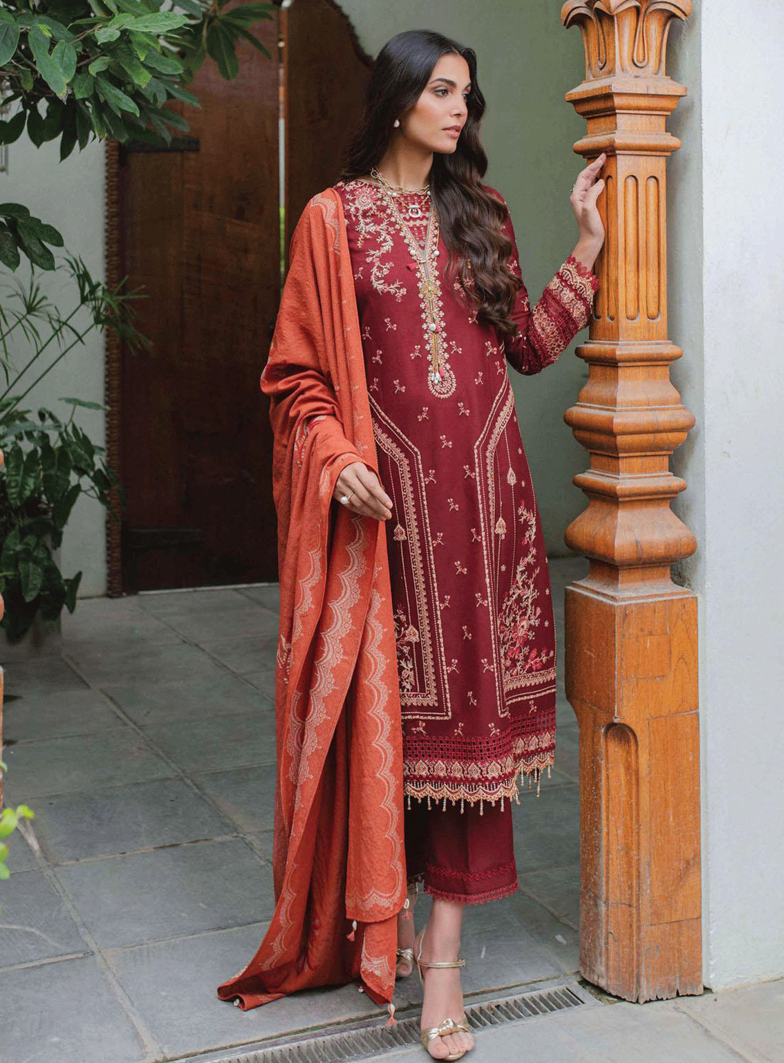 Qalamkar Embroidered Leather Peach Unstitched 3 Piece Suit - 1 FREYA Qalamkar Embroidered Leather Peach Unstitched 3 Piece Suit - 1 FREYA