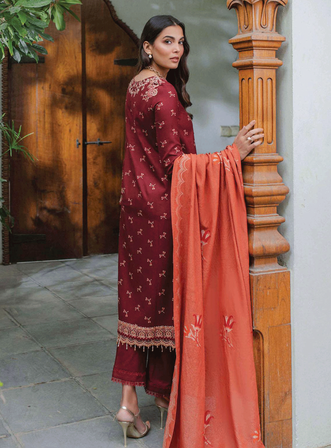 Qalamkar Embroidered Leather Peach Unstitched 3 Piece Suit - 1 FREYA Qalamkar Embroidered Leather Peach Unstitched 3 Piece Suit - 1 FREYA
