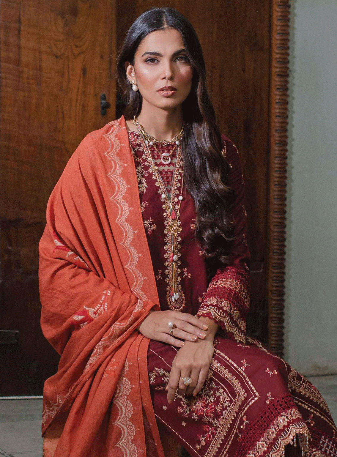 Qalamkar Embroidered Leather Peach Unstitched 3 Piece Suit - 1 FREYA Qalamkar Embroidered Leather Peach Unstitched 3 Piece Suit - 1 FREYA