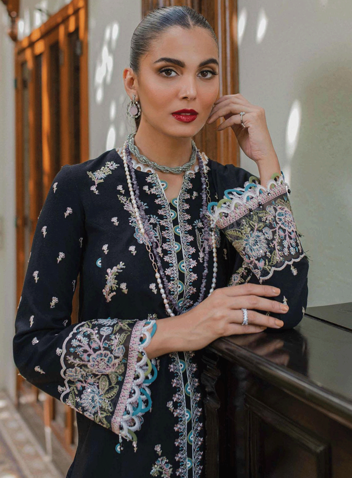 Qalamkar Embroidered Leather Peach Unstitched 3 Piece Suit - 3 FALLON Qalamkar Embroidered Leather Peach Unstitched 3 Piece Suit - 3 FALLON