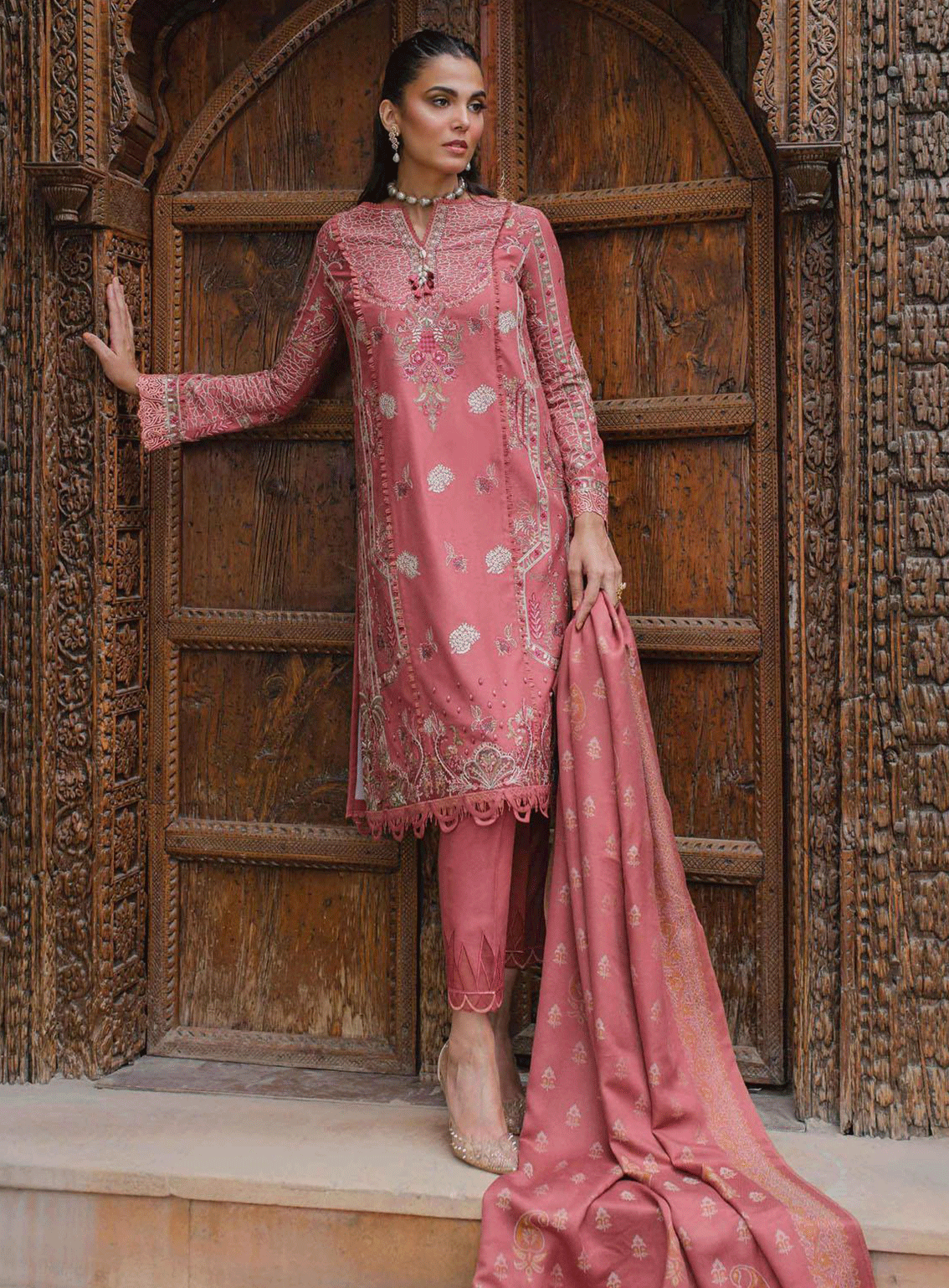 Qalamkar Embroidered Leather Peach Unstitched 3 Piece Suit - 4 ALLESIA Qalamkar Embroidered Leather Peach Unstitched 3 Piece Suit - 4 ALLESIA