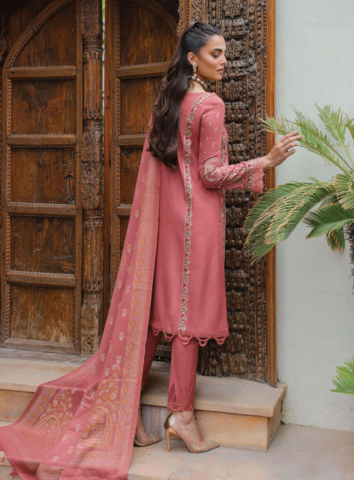 Qalamkar Embroidered Leather Peach Unstitched 3 Piece Suit - 4 ALLESIA Qalamkar Embroidered Leather Peach Unstitched 3 Piece Suit - 4 ALLESIA
