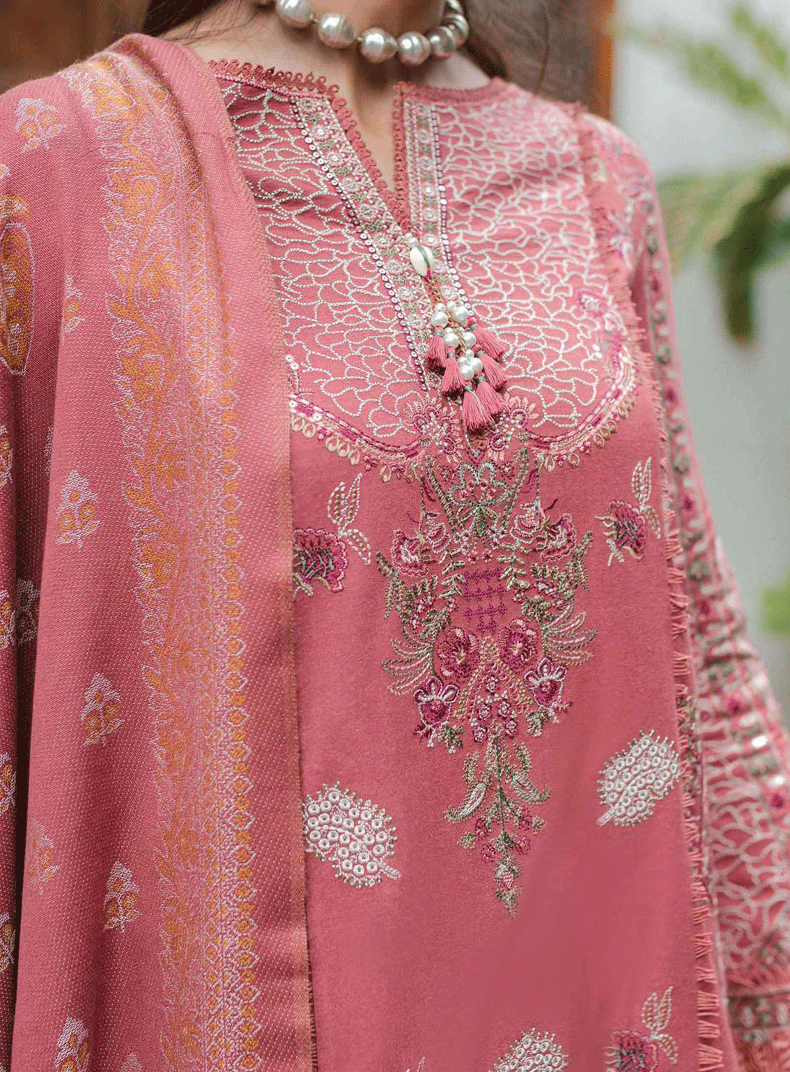 Qalamkar Embroidered Leather Peach Unstitched 3 Piece Suit - 4 ALLESIA Qalamkar Embroidered Leather Peach Unstitched 3 Piece Suit - 4 ALLESIA