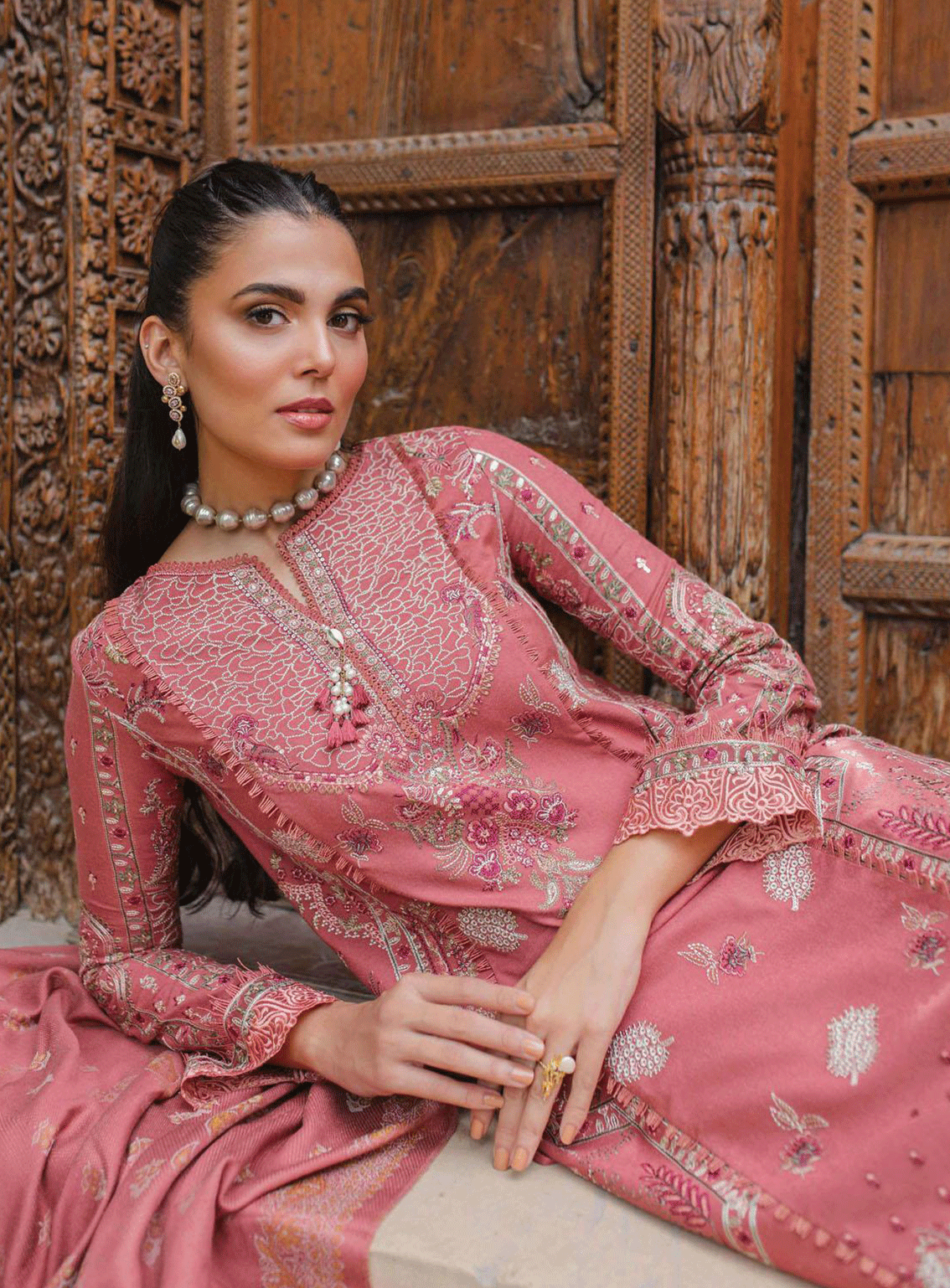 Qalamkar Embroidered Leather Peach Unstitched 3 Piece Suit - 4 ALLESIA Qalamkar Embroidered Leather Peach Unstitched 3 Piece Suit - 4 ALLESIA