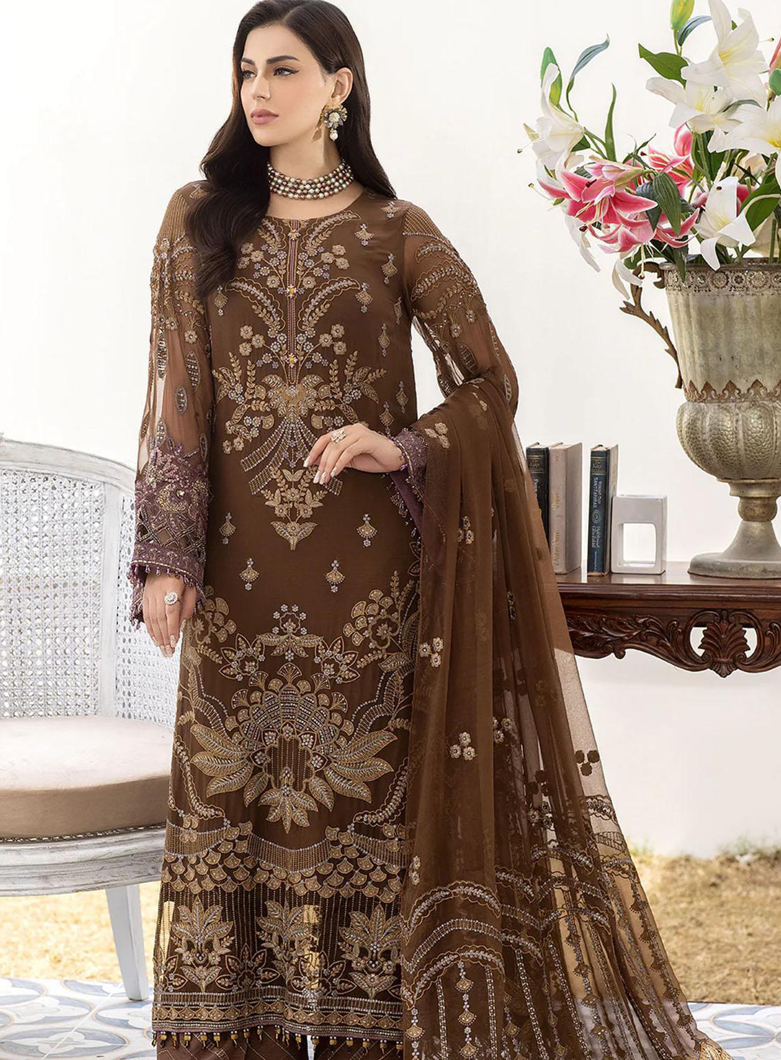Shafaq By Flossie Embroidered Chiffon Unstitched 3 Piece Suit - 703 Walnut Shafaq By Flossie Embroidered Chiffon Unstitched 3 Piece Suit - 703 Walnut