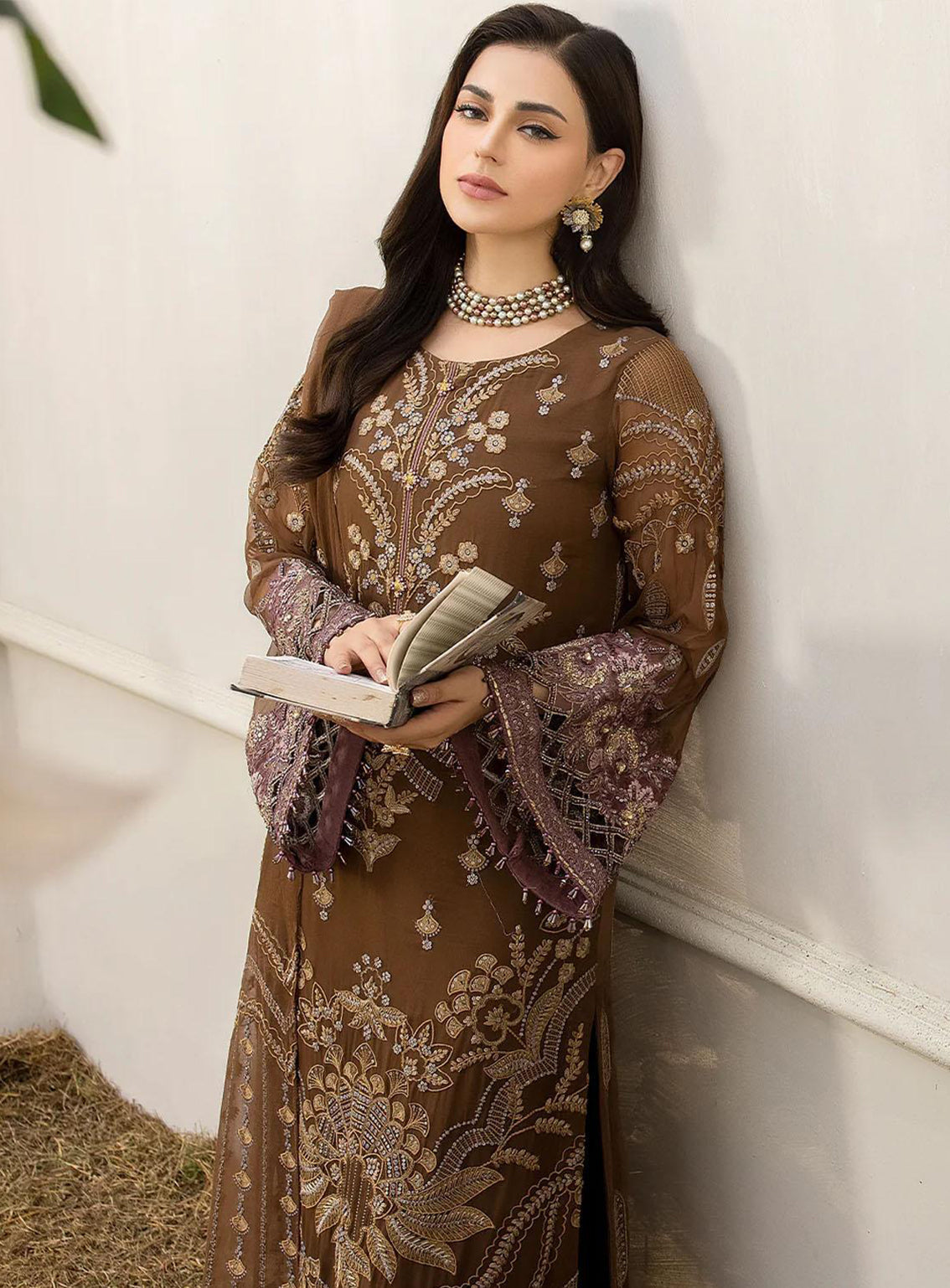 Shafaq By Flossie Embroidered Chiffon Unstitched 3 Piece Suit - 703 Walnut Shafaq By Flossie Embroidered Chiffon Unstitched 3 Piece Suit - 703 Walnut
