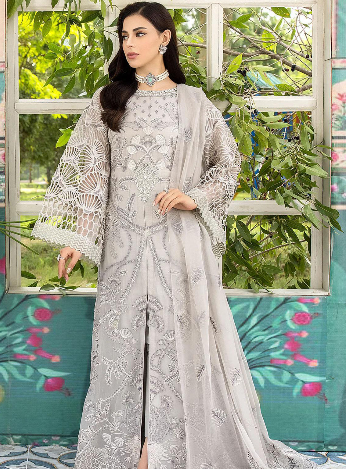 Shafaq By Flossie Embroidered Chiffon Unstitched 3 Piece Suit - 705 Moon Flower Shafaq By Flossie Embroidered Chiffon Unstitched 3 Piece Suit - 705 Moon Flower