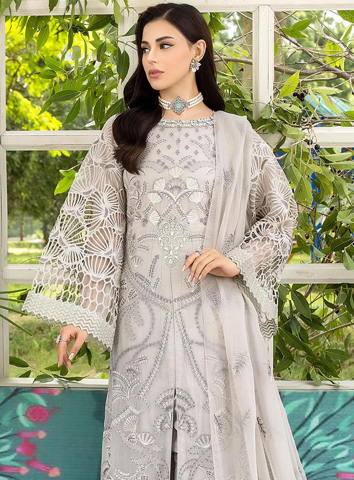 Shafaq By Flossie Embroidered Chiffon Unstitched 3 Piece Suit - 705 Moon Flower Shafaq By Flossie Embroidered Chiffon Unstitched 3 Piece Suit - 705 Moon Flower