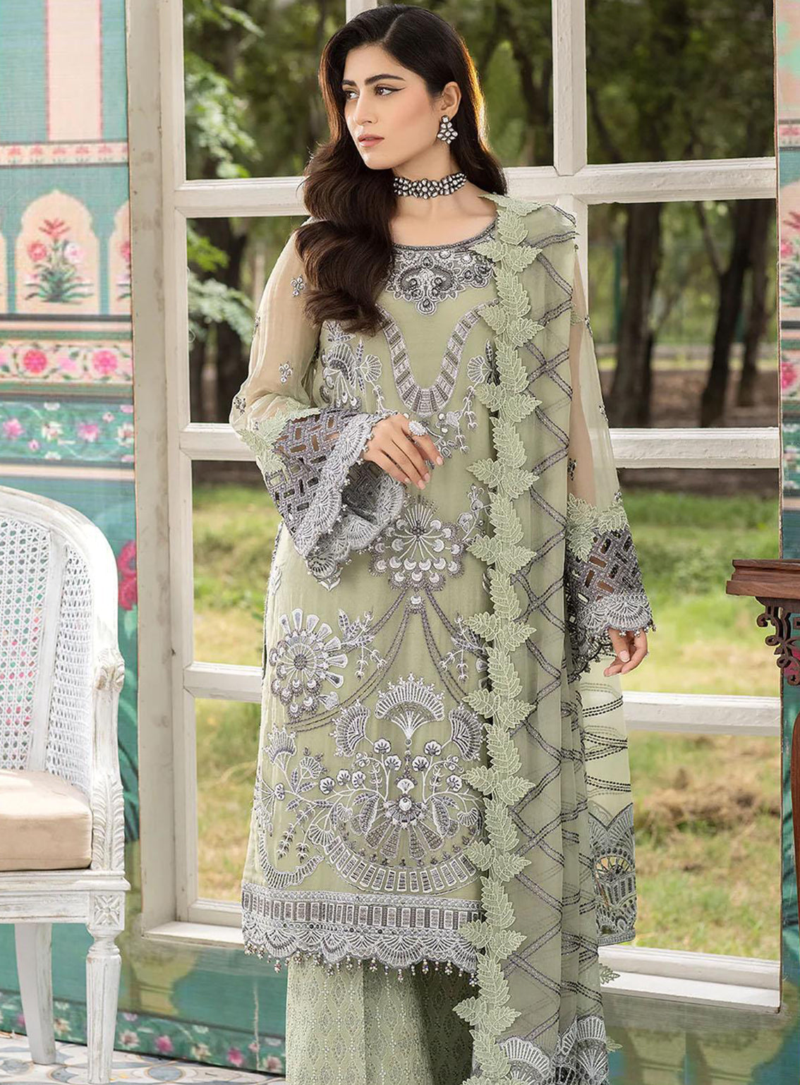 Shafaq By Flossie Embroidered Chiffon Unstitched 3 Piece Suit - 708 Meadow Shafaq By Flossie Embroidered Chiffon Unstitched 3 Piece Suit - 708 Meadow