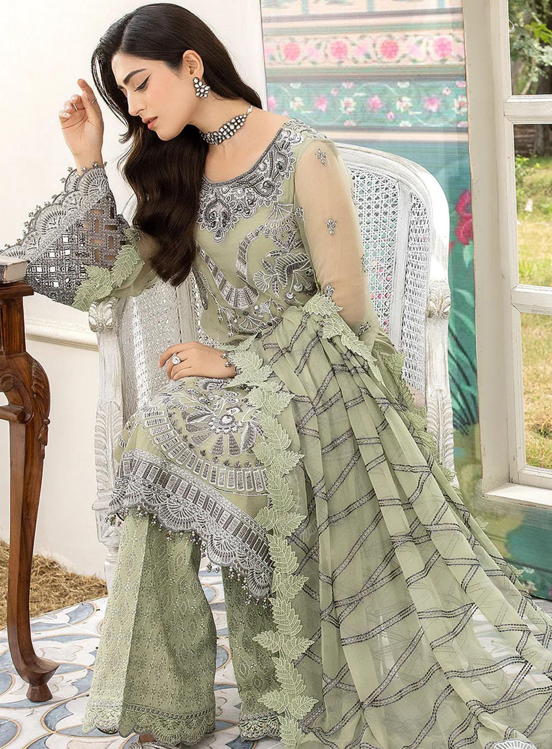 Shafaq By Flossie Embroidered Chiffon Unstitched 3 Piece Suit - 708 Meadow Shafaq By Flossie Embroidered Chiffon Unstitched 3 Piece Suit - 708 Meadow