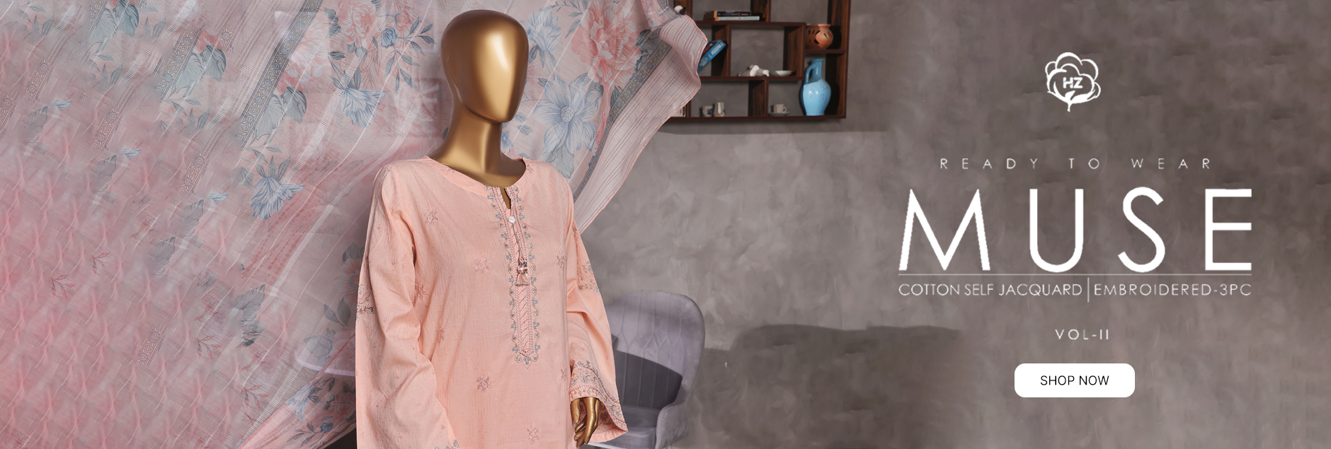 Muse By HZ Textile Embroidered Cotton Self Jacquard 3Pcs Stitched Collection 2025 Vol-02