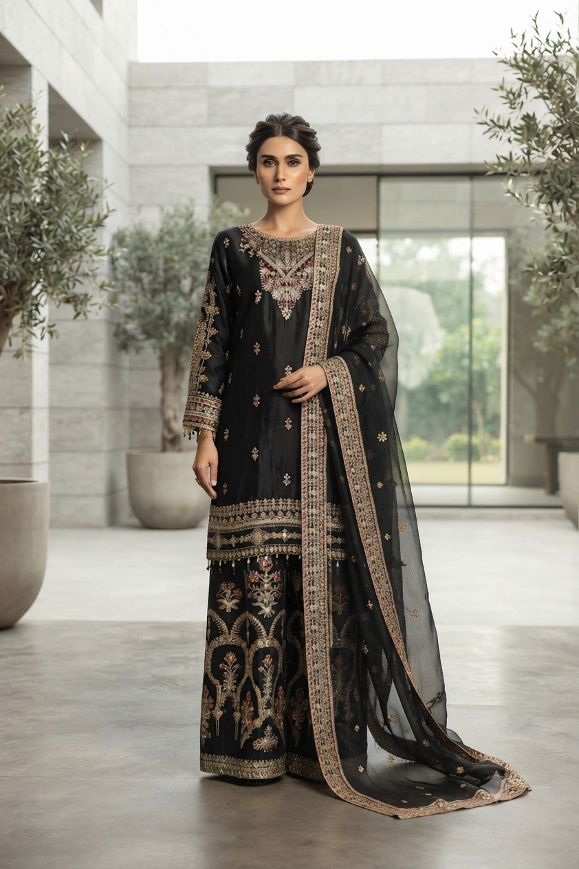 Raad Luxury Formal Embroidered Raw Silk 3 Piece Stitched Suit RD26LF RA-41 BK GULNAAR