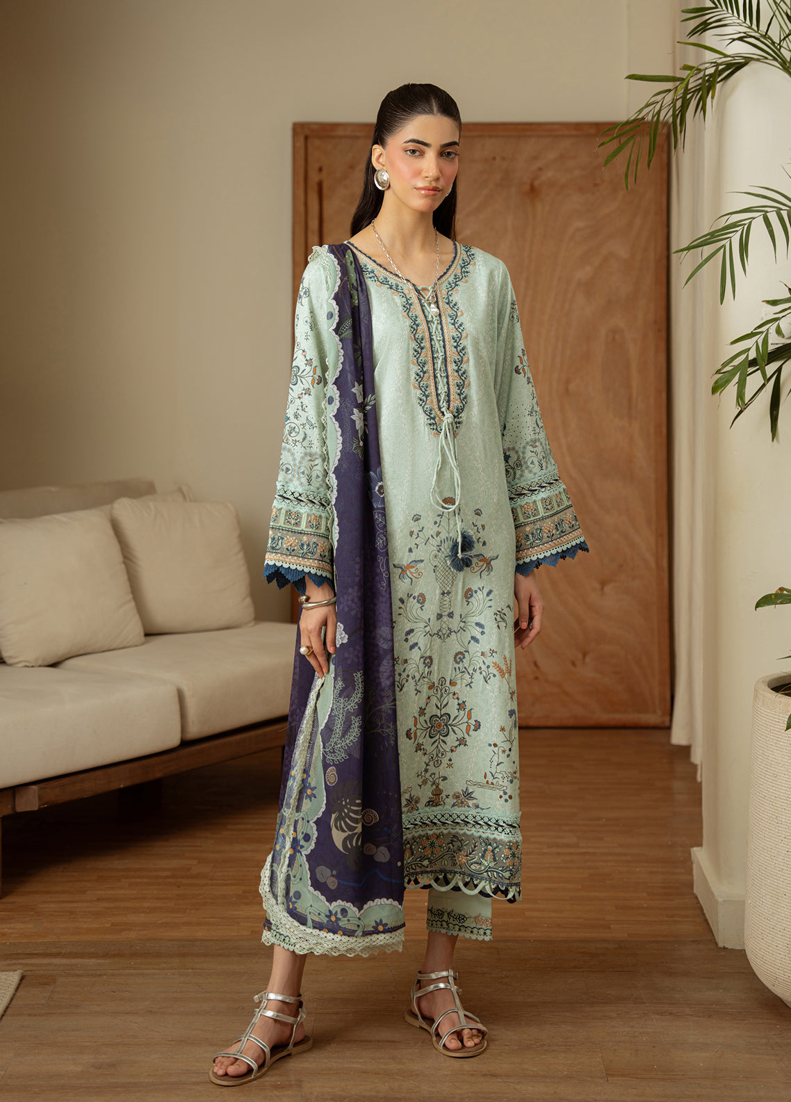 Aabyaan Luxury Embroidered Linen 3 Piece Unstitched Suit ABY26PLL D-AK-09 CELESTE