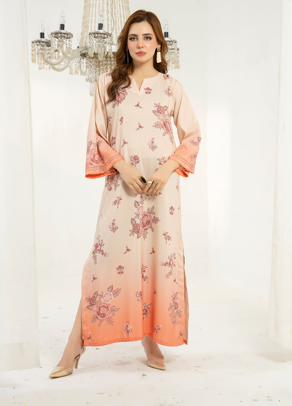 Allure Kaftan By Amani Pret Printed Lawn 1 Piece Stitched Kurti AP26AKP D-UR-1112 ECLAT Peach - Front View