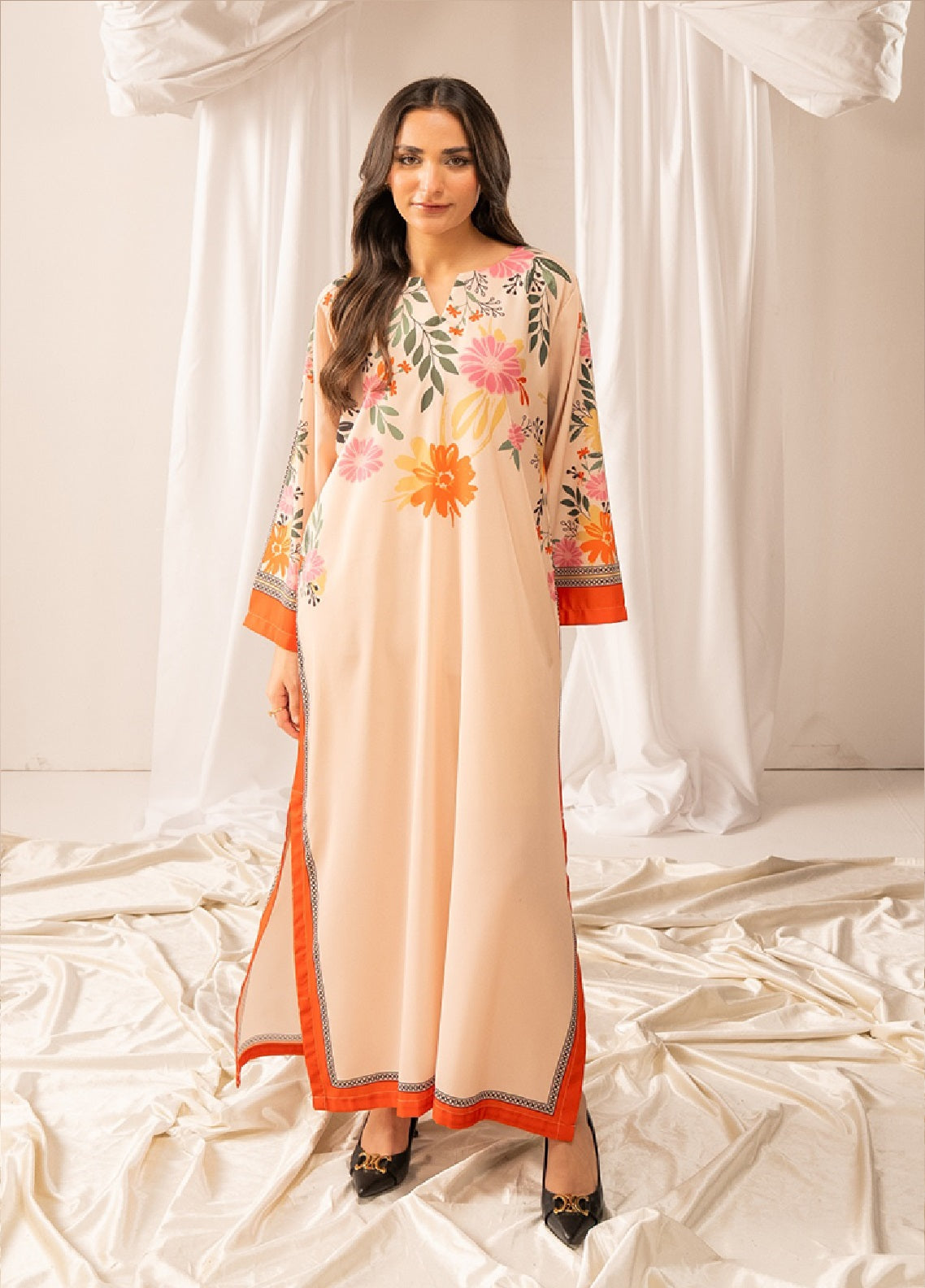 Allure Kaftan By Amani Pret Printed Lawn 1 Piece Stitched Kurti AP26AKP D-UR-1121 ZAHA Cream Peach - Front View