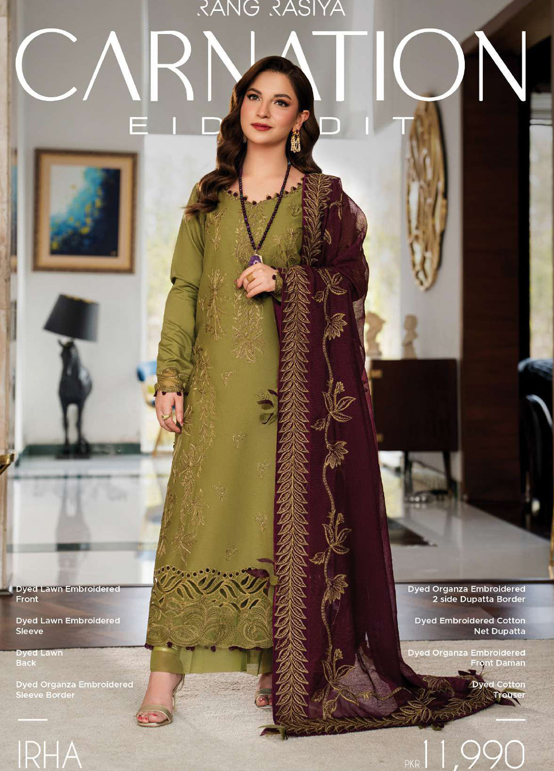 Carnation By Rang Rasiya Embroidered Lawn 3 Piece Unstitched Suit RR26CEE D-11 IRHA