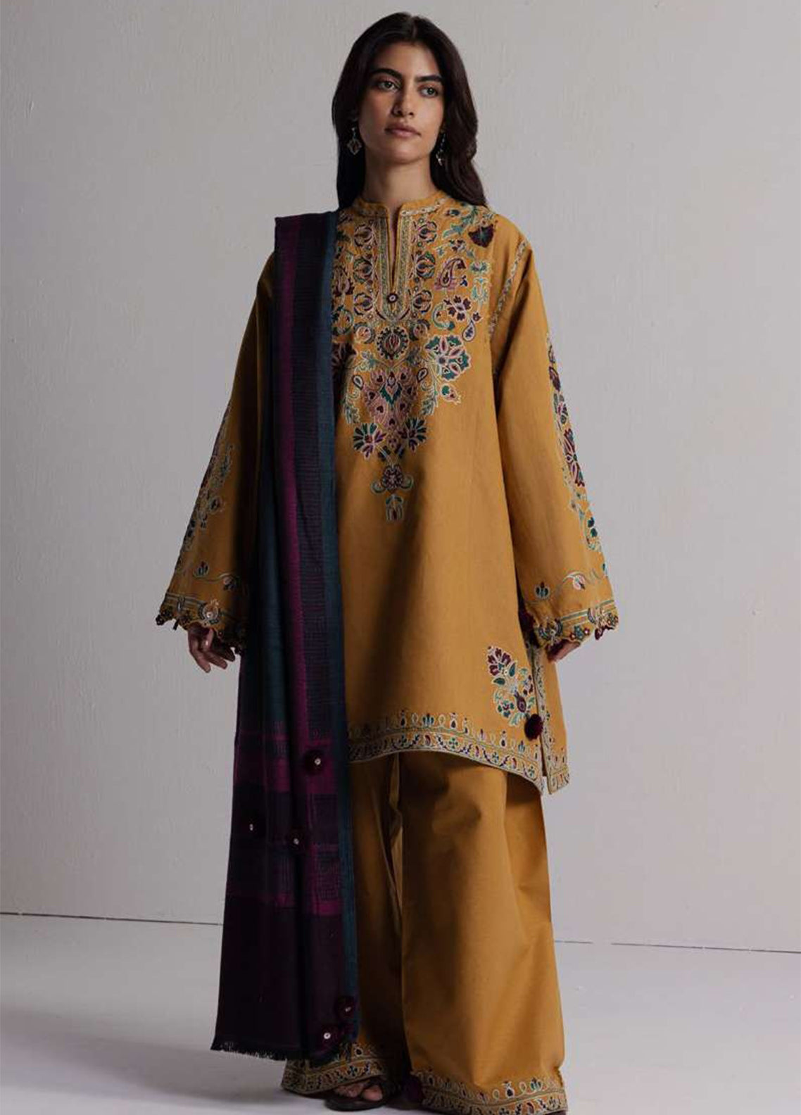 Coco By Zara Shahjahan Embroidered Karandi 3 Piece Unstitched Suit ZS26CW D-02A OCHRE