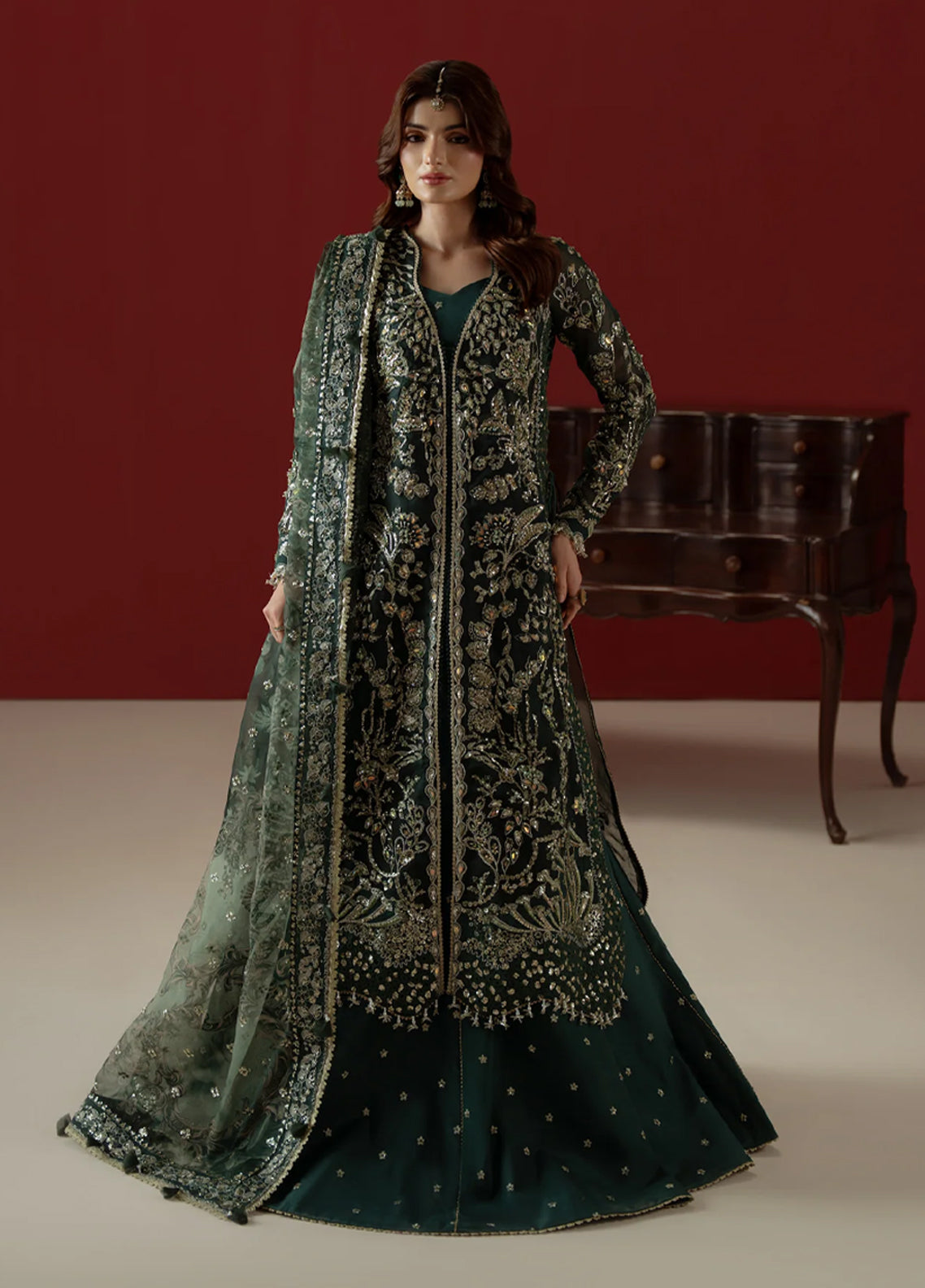 Ember By Aylin Luxury Festive Embroidered Organza 3 Piece Unstitched Suit AY26EF D-01 Elysee Bottle Green - Front View