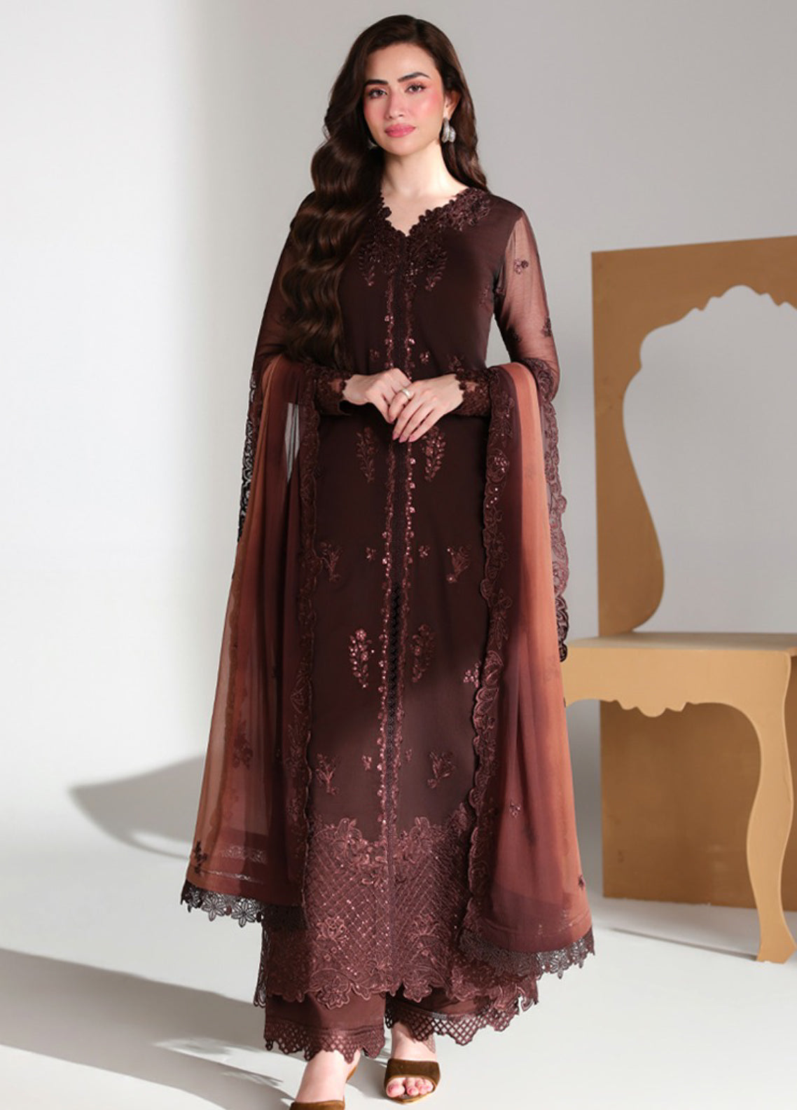 Ensembles By Azure Festive Embroidered Chiffon 3 Piece Unstitched Suit AZU26EF D-07 MAISON MOCHA