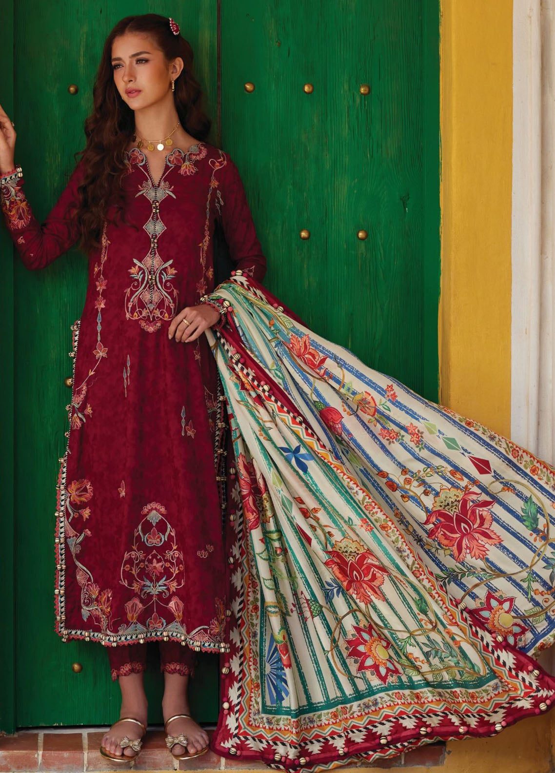 Farah Talib Aziz Luxury Embroidered Lawn 3 Piece Unstitched Suit FTA26LL D-02 SOFIA SCARLET