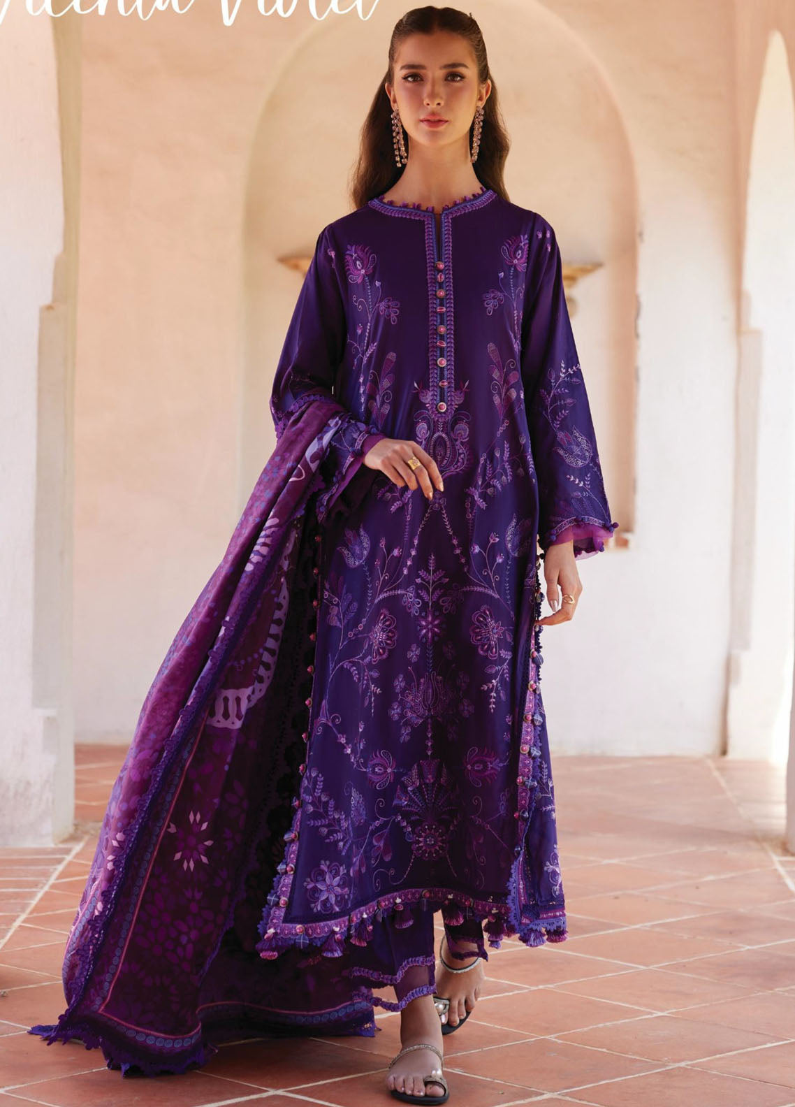 Farah Talib Aziz Luxury Embroidered Lawn 3 Piece Unstitched Suit FTA26LL D-06 VICENTA VIOLET