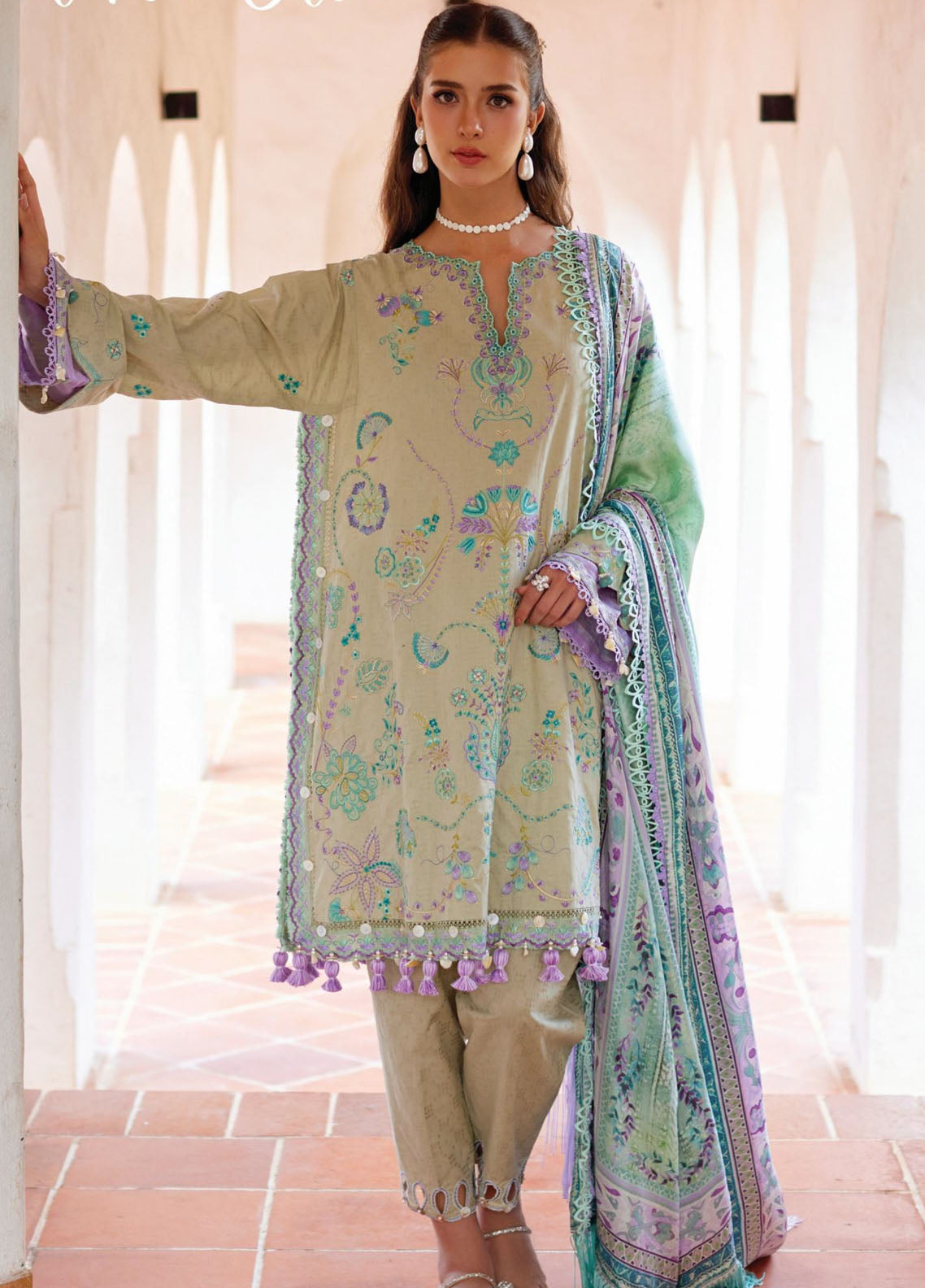 Farah Talib Aziz Luxury Embroidered Lawn 3 Piece Unstitched Suit FTA26LL D-07 VALERIA OLIVE
