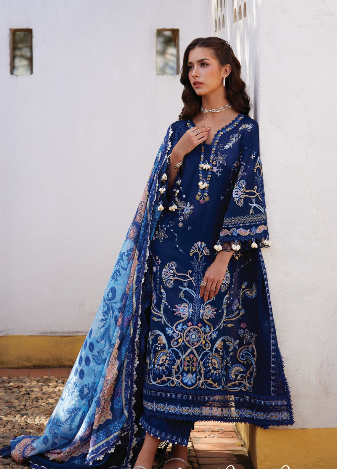 Farah Talib Aziz Luxury Embroidered Lawn 3 Piece Unstitched Suit FTA26LL D-08 NIA NAVY