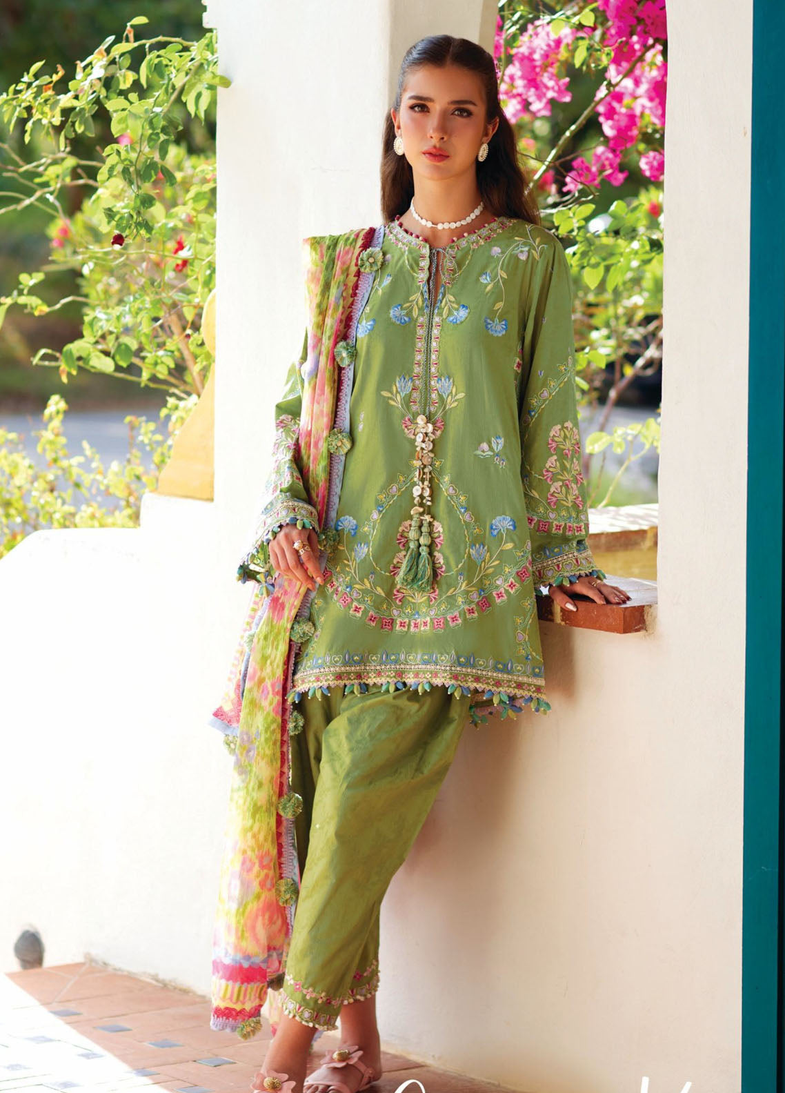 Farah Talib Aziz Luxury Embroidered Lawn 3 Piece Unstitched Suit FTA26LL D-09 CARMEN KIWI