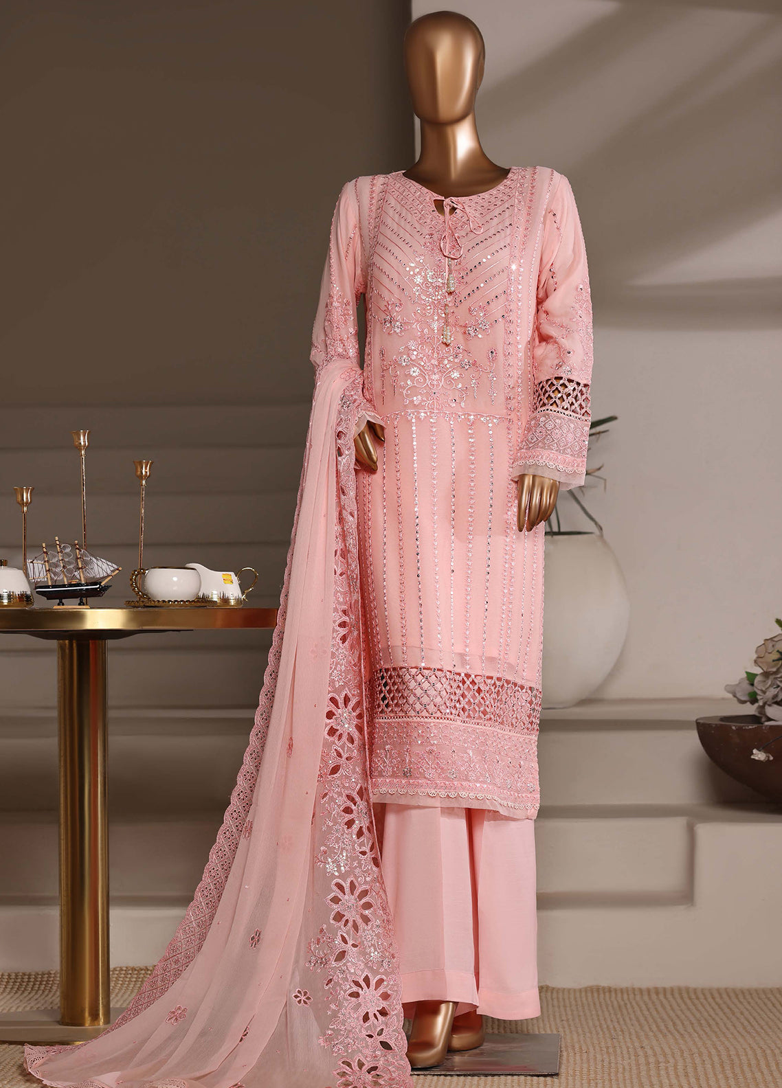 Fasaane By HZ Textiles Formals Embroidered Chiffon 3 Piece Stitched Suit HZ26FFECV1 D-HZK-241-PNK
