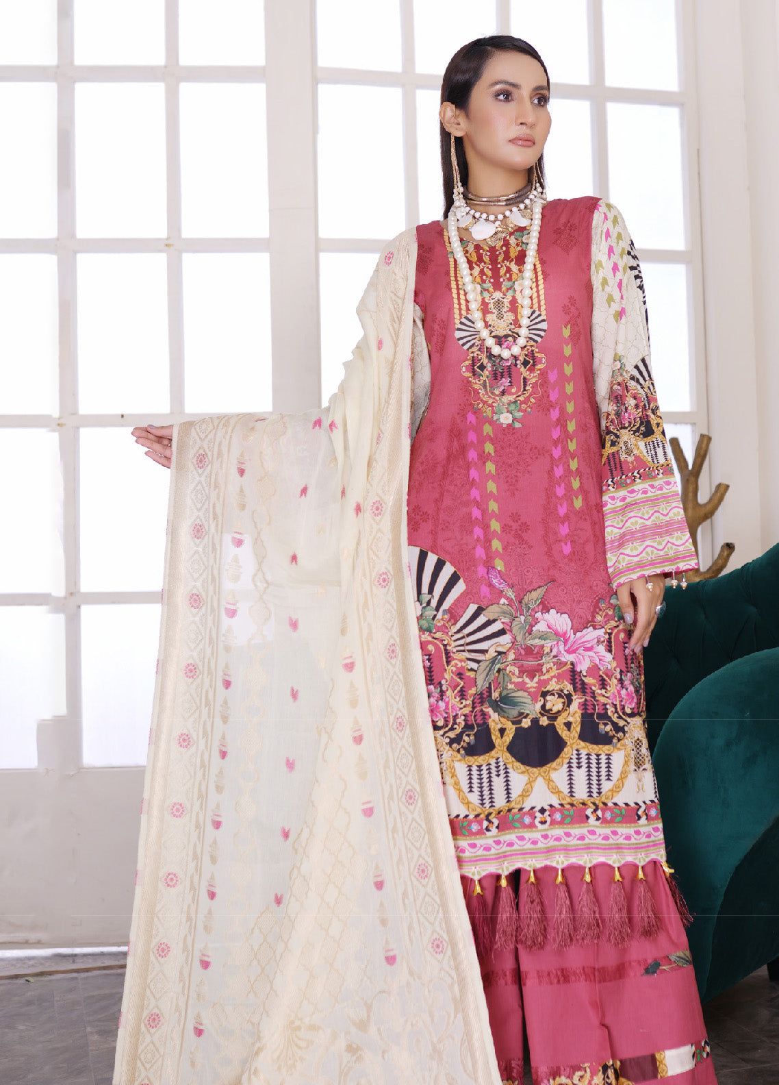 Firdous Fashion Printed Lawn Unstitched 3 Piece Suit - FF24PL F-10 ROSE PINK