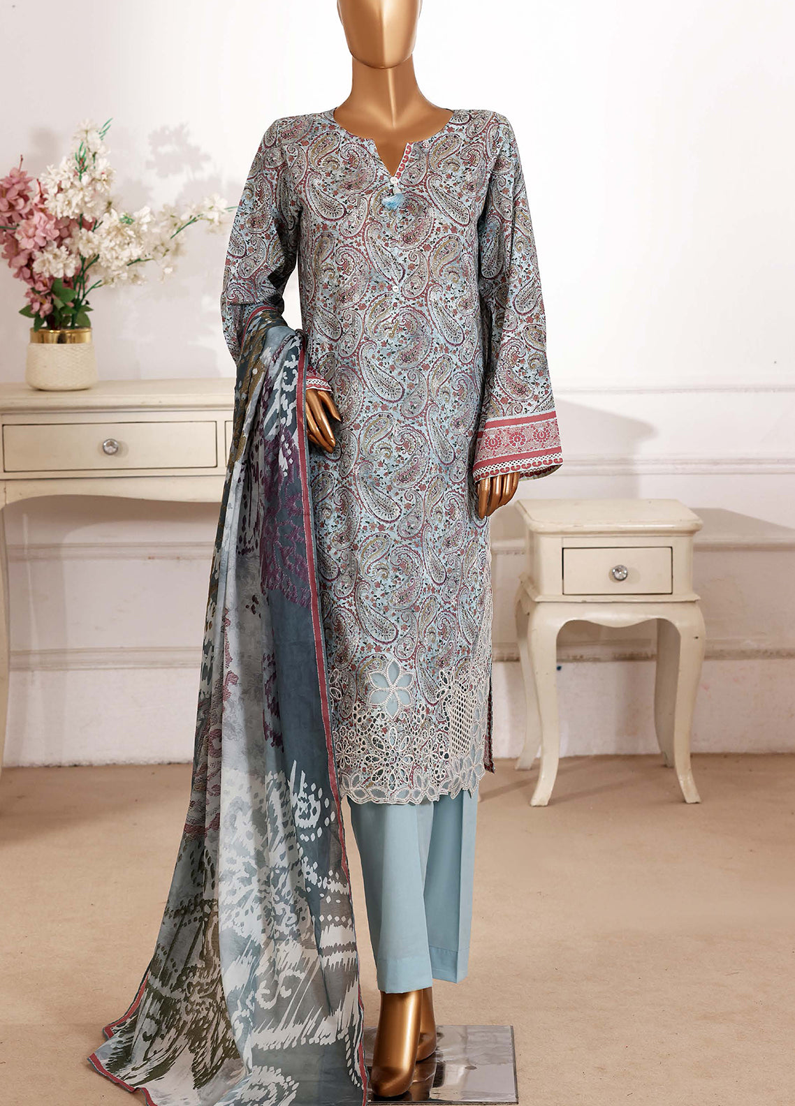 HZ Textiles Cutworkari Embroidered Lawn 3 Piece Stitched Suit HZ26CEL D-CPE-011