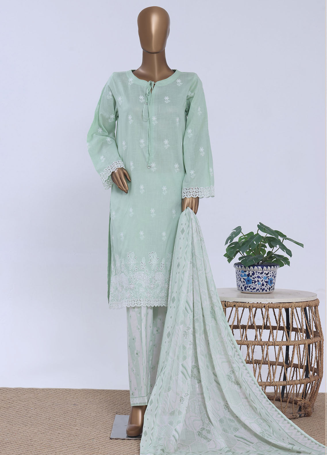 HZ Textiles Embroidered Chikankari Lawn 3 Piece Stitched Suit HZ26EC D-084 W PEARL