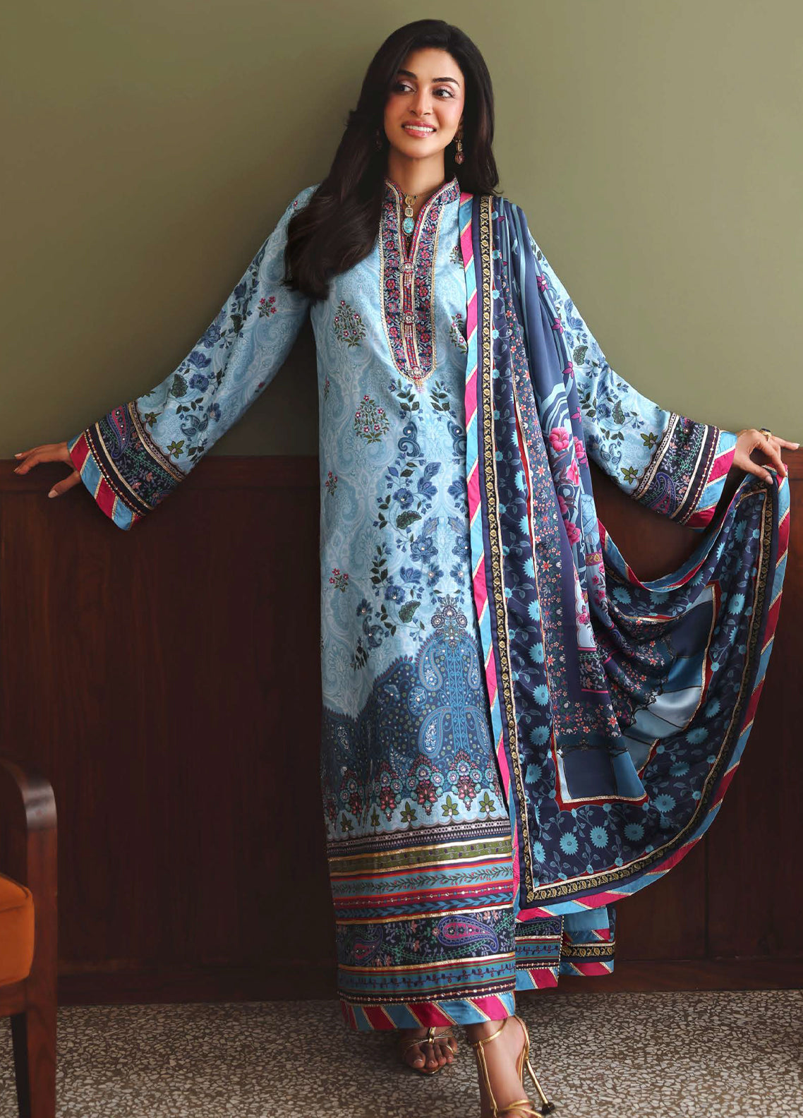 Hemline Nirvana By Mushq Embroidered Raw Silk 3 Piece Unstitched Suit MQ26HNUL D-2602 IN MY ELEMENT