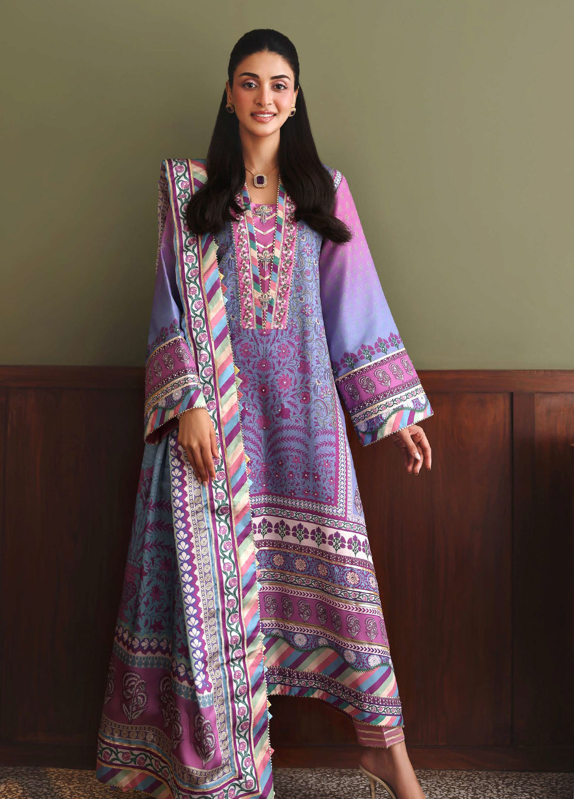 Hemline Nirvana By Mushq Embroidered Raw Silk 3 Piece Unstitched Suit MQ26HNUL D-2610 NATURALLY ME