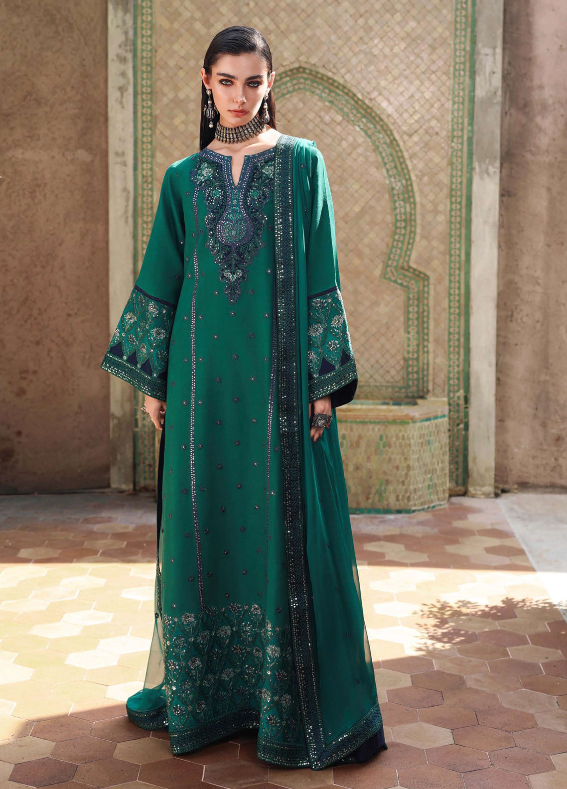 Hemline Nuvera By Mushq Embroidered Raw Silk 3 Piece Unstitched Suit MQ26HN D-202 ROYAL AFFAIR